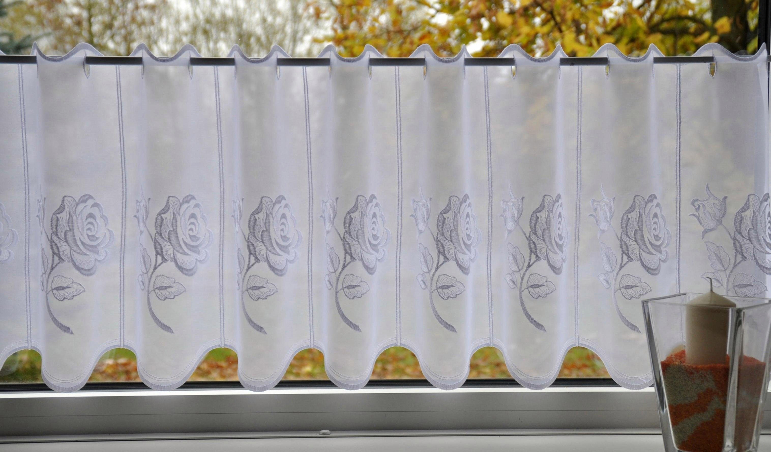 Stickereien Plauen Scheibengardine Rosentraum, Stangendurchzug (1 günstig online kaufen