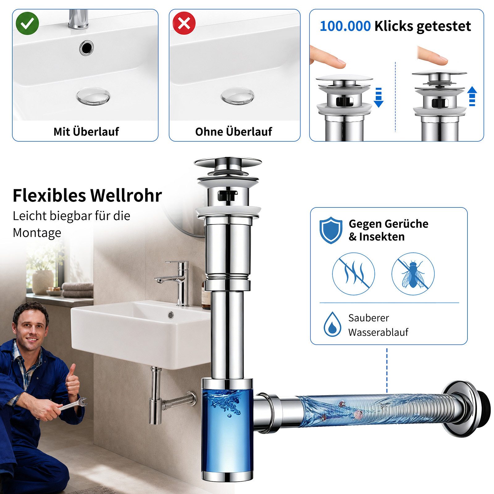 HOMELODY Ablaufgarnitur Design Siphon Waschbecken mit Ablaufgarnitur Edelstahl Chrom Pop Up Ablauf mit Überlauf, flexiblem Wellrohr und Geruchsverschluss