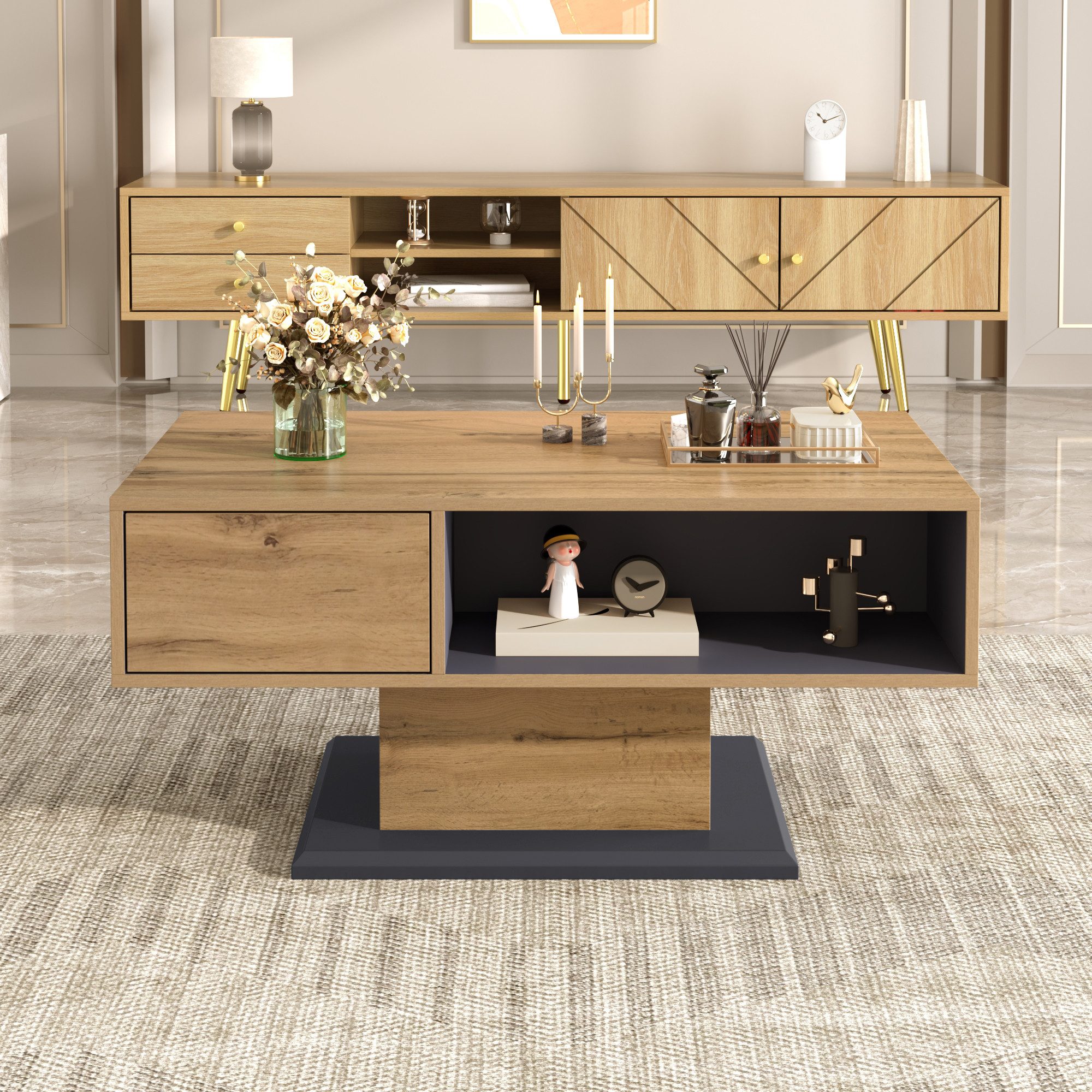 Merax Couchtisch in Holzoptik mit großer Ablagefläche (1-St), Wohnzimmertisch mit doppelseitigem Stauraum & Innenfach, 100x50x46,5cm – Bild 4 von 5