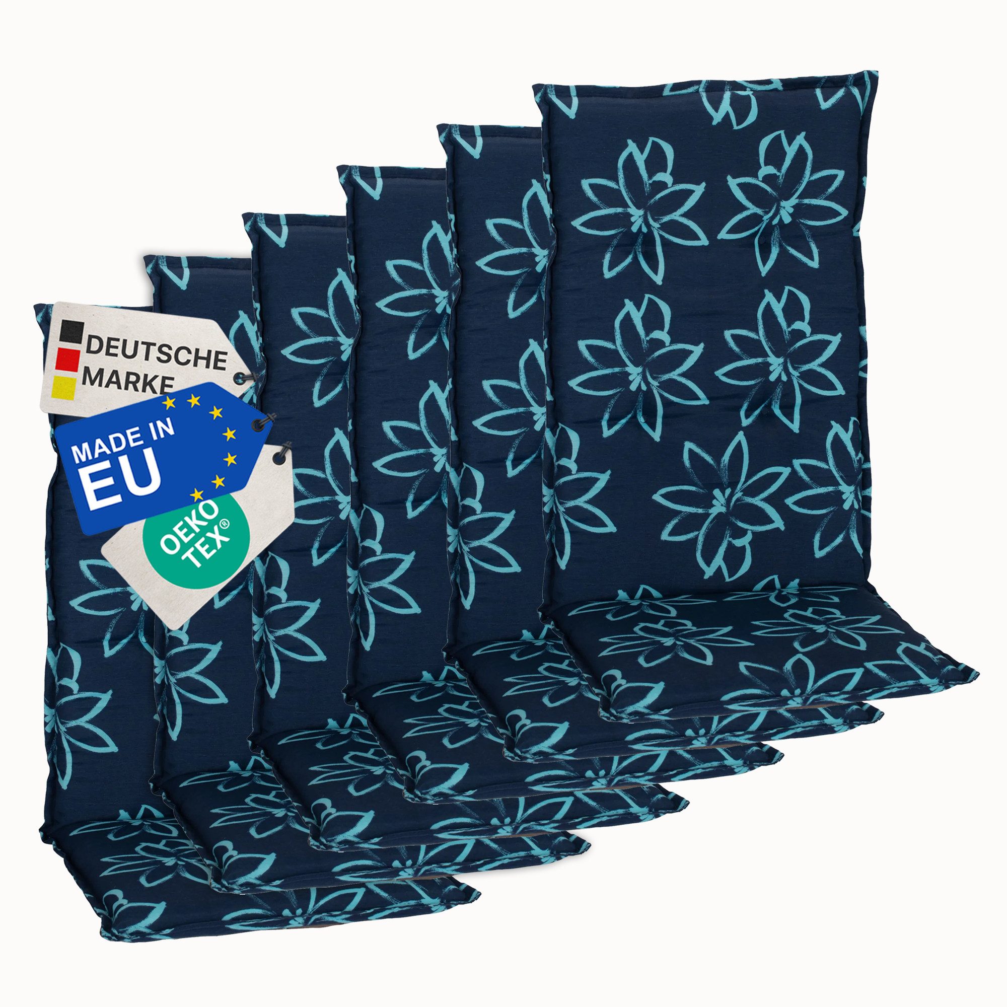 NYVI Hochlehnerauflage Hochlehner Auflagen 6er Set Barcelona - Gartenstuhlauflagen 118x50cm, (6 St), Stuhlauflage, Sitzauflage mit Halteband, UV-fest