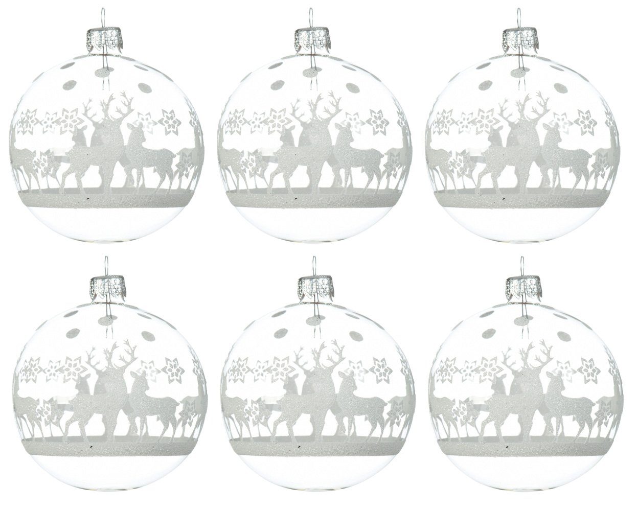 Decoris season decorations Weihnachtsbaumkugel, Weihnachtskugeln Glas 8cm mit Motiv Rentier 6er Set Weiß / Klar