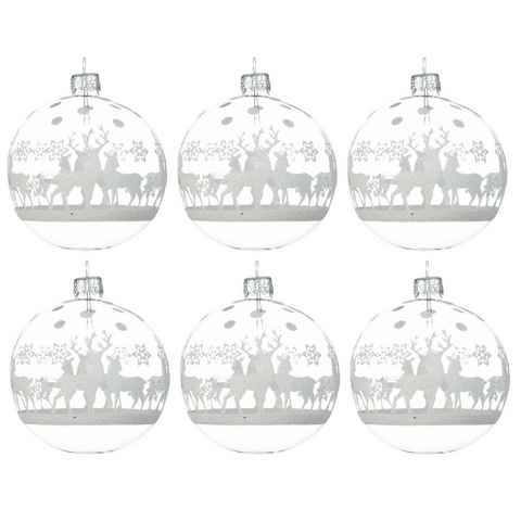 Decoris season decorations Weihnachtsbaumkugel, Weihnachtskugeln Glas 8cm mit Motiv Rentier 6er Set Weiß / Klar