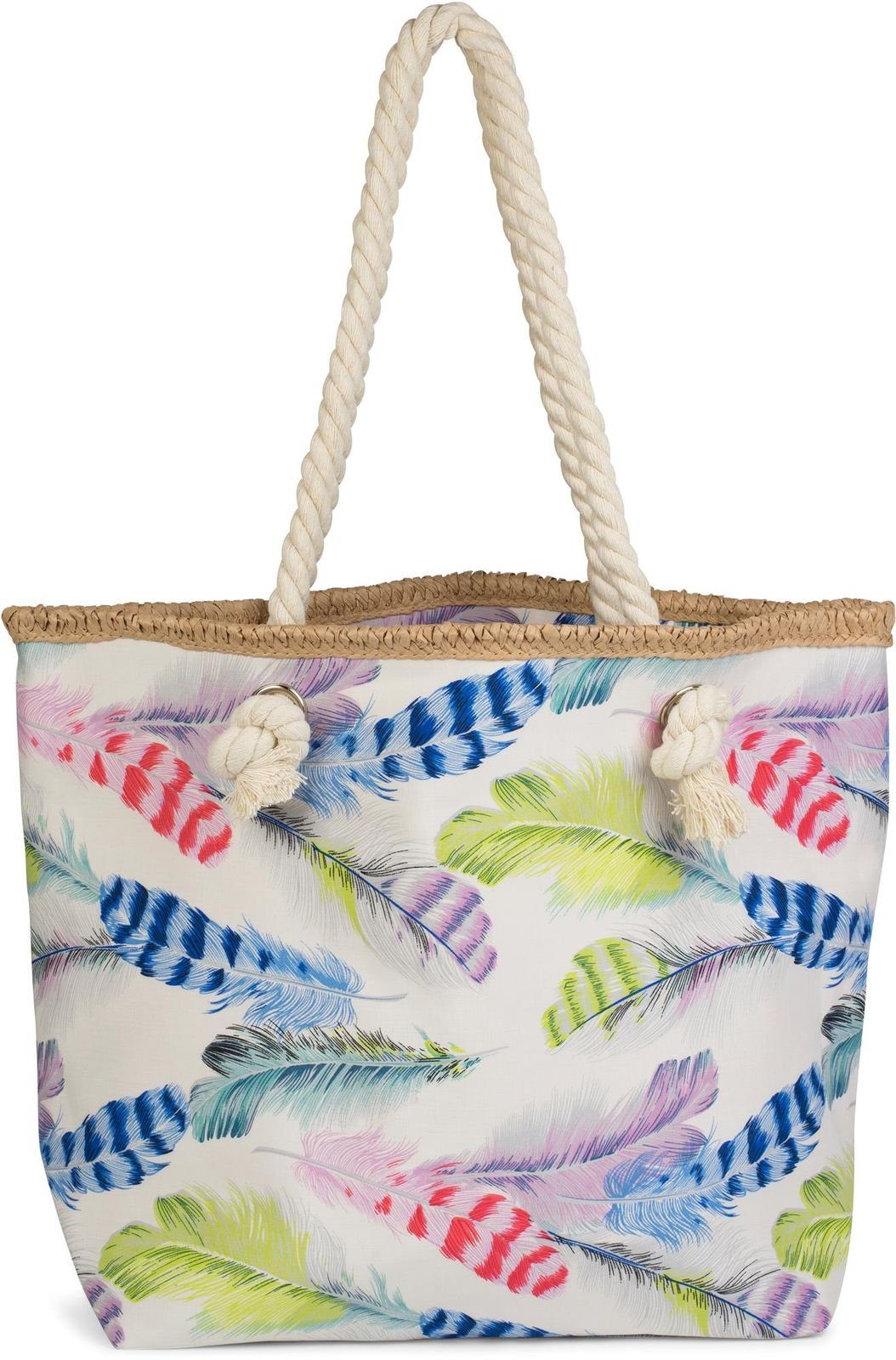 styleBREAKER Strandtasche (1-tlg), Strandtasche Weiß-Blau mit bunten Federn