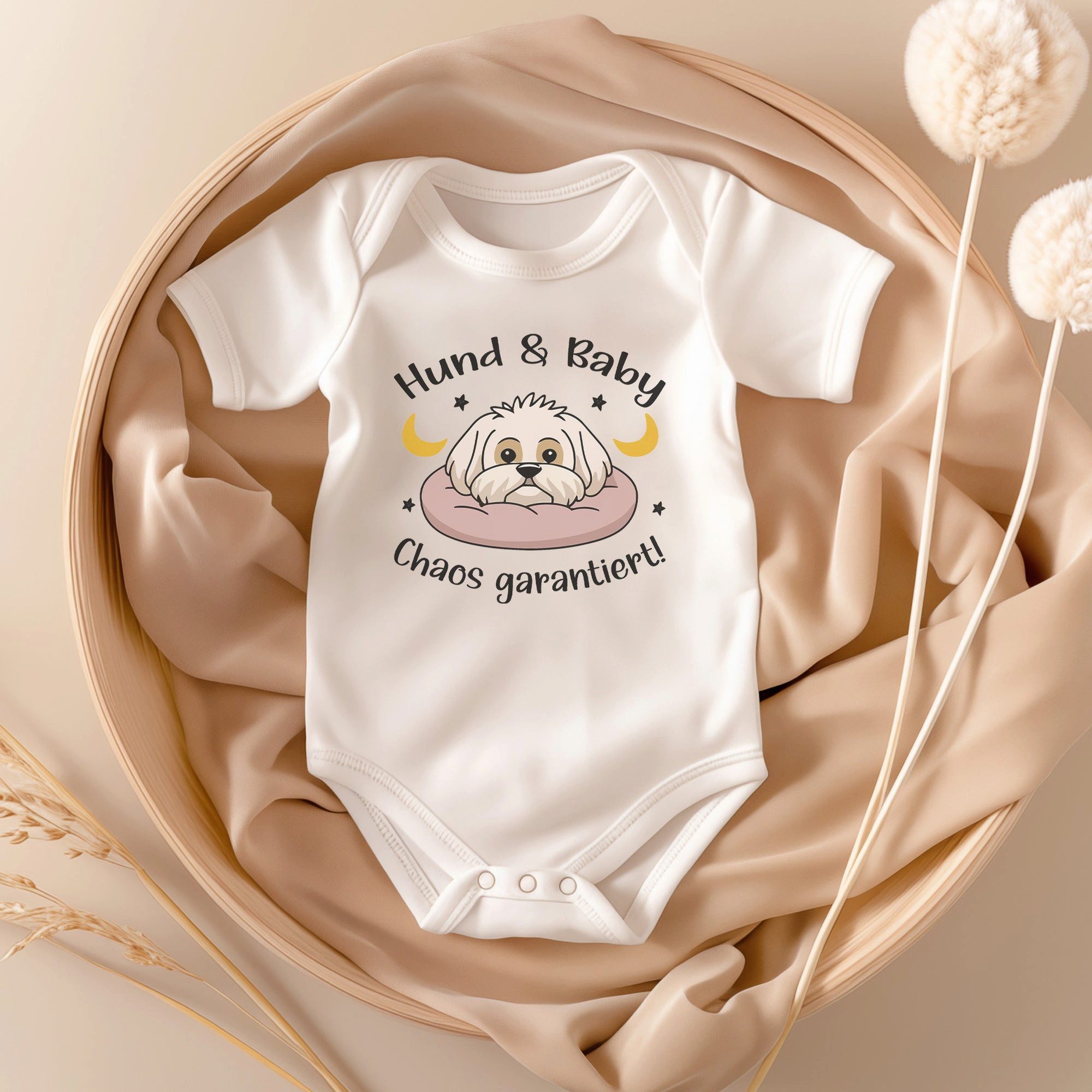 22Feels Kurzarmbody Bio Unisex Babybody Weiß Malteser Motiv Geschenk Geburt Babyparty BIO-Baumwolle - In Deutschland Bedruckt - Niedlicher Print