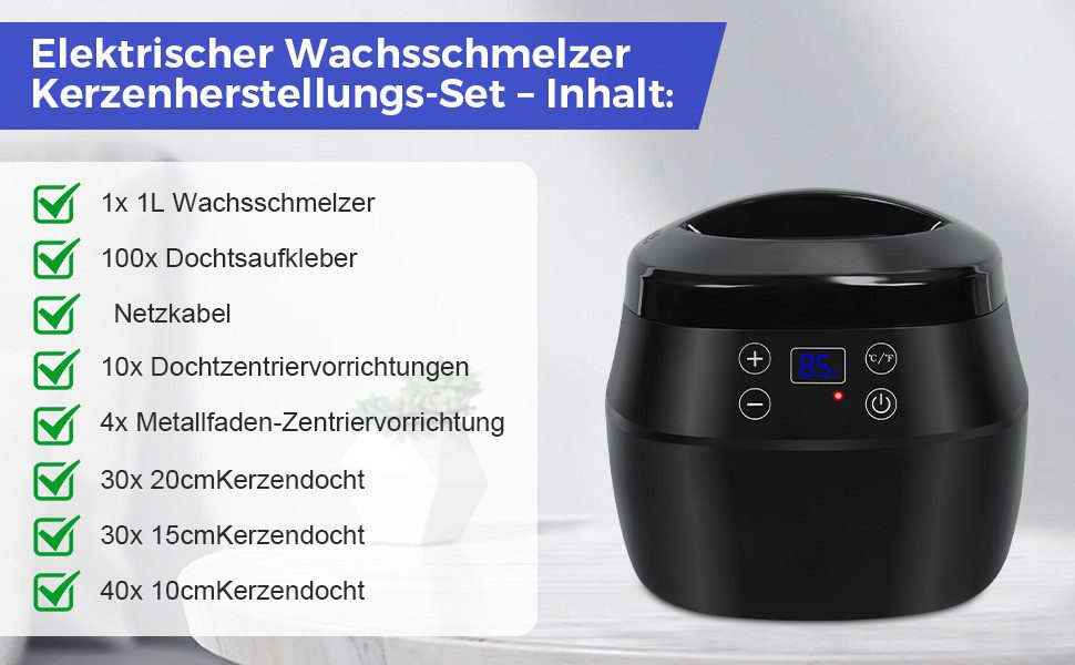 QUBEBU Duftkerze Wachswärmer Set, Duftkerzen Selber Machen, Temperatureinstellung (1x 1-Liter-Wachsschmelzer, 100x Kerzendocht, 100x Dochtaufkleber, 14x Dochtzentrierer, 1x Rührlöffel,1x Netzkabel), Komplettes Kerzenherstellungsset für DIY-Projekte