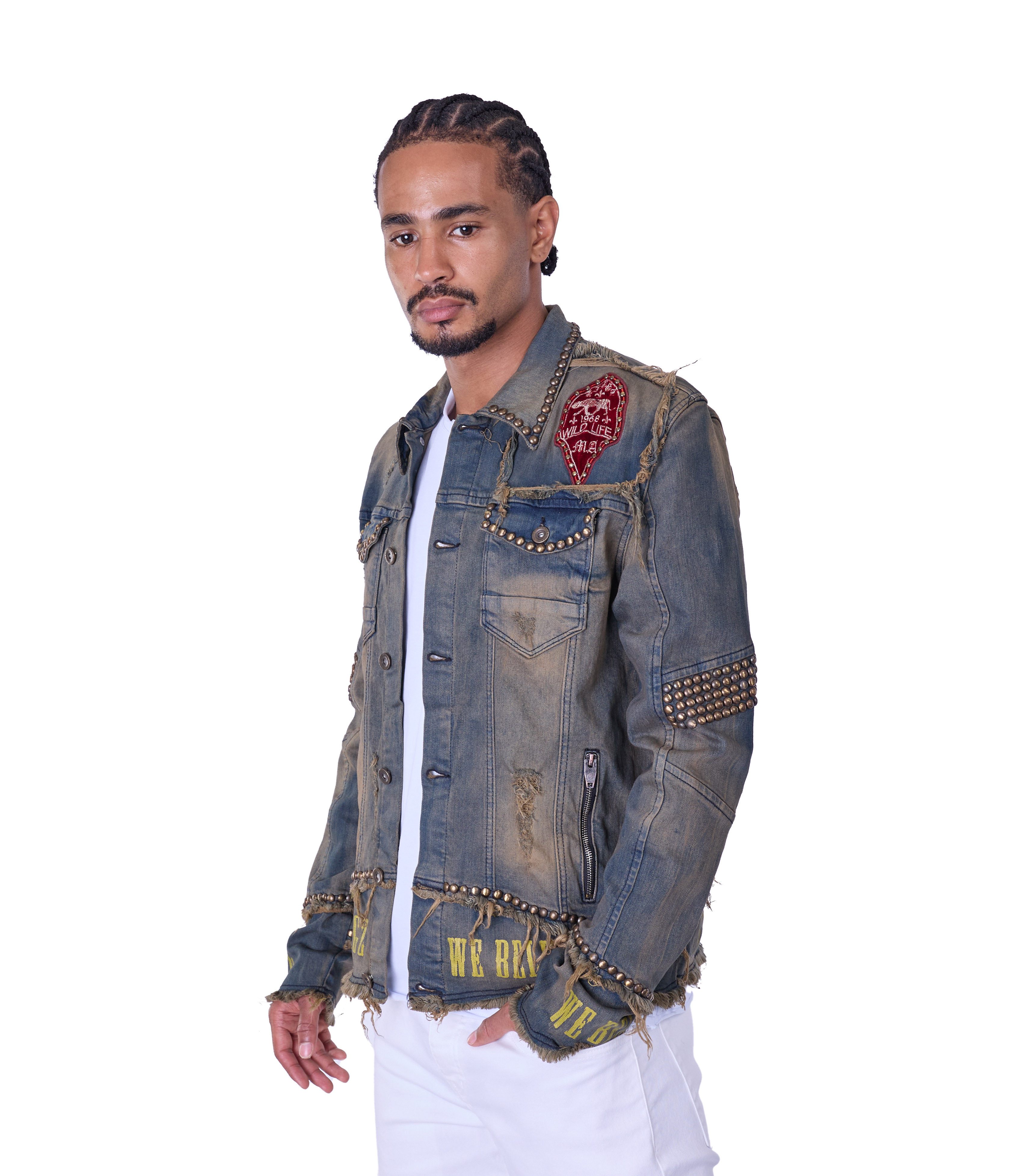 KINGZ Jeansjacke Designer Nieten Jeansjacke im Retrostyle Vintage Style
