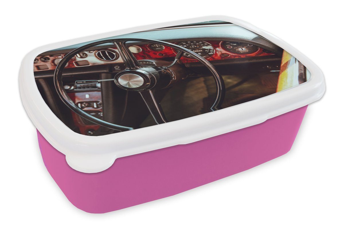 MuchoWow Lunchbox Auto - Lenkrad - Armaturenbrett, Kunststoff, (2-tlg), Brotbox für Erwachsene, Brotdose Kinder, Snackbox, Mädchen, Kunststoff rosa