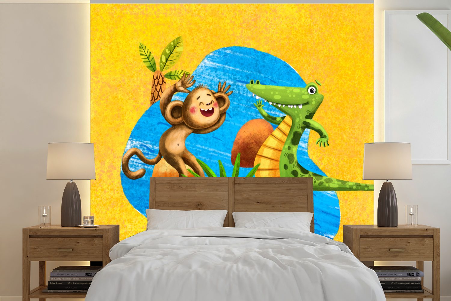 MuchoWow Fototapete Affe - Krokodil - Dschungel - Wasser, Matt, bedruckt, (5 St), Vinyl Tapete für Wohnzimmer oder Schlafzimmer, Wandtapete