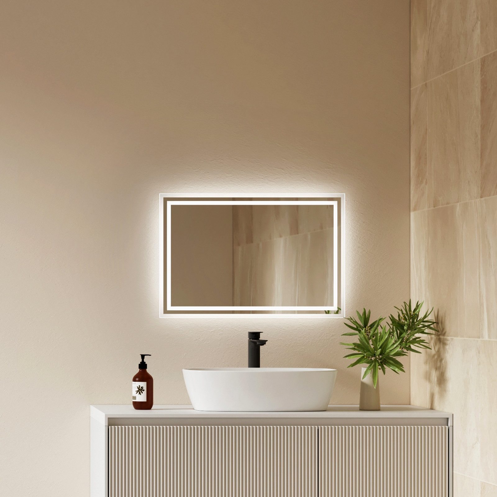 EMKE Badspiegel mit Beleuchtung und Beleuchtung,LED Spiegel mit 2 Lichtfarben dimmbar (Vertikal Horizontal möglich, Beschlagfrei, 2 Lichtfarben), Wandspiegel IP44