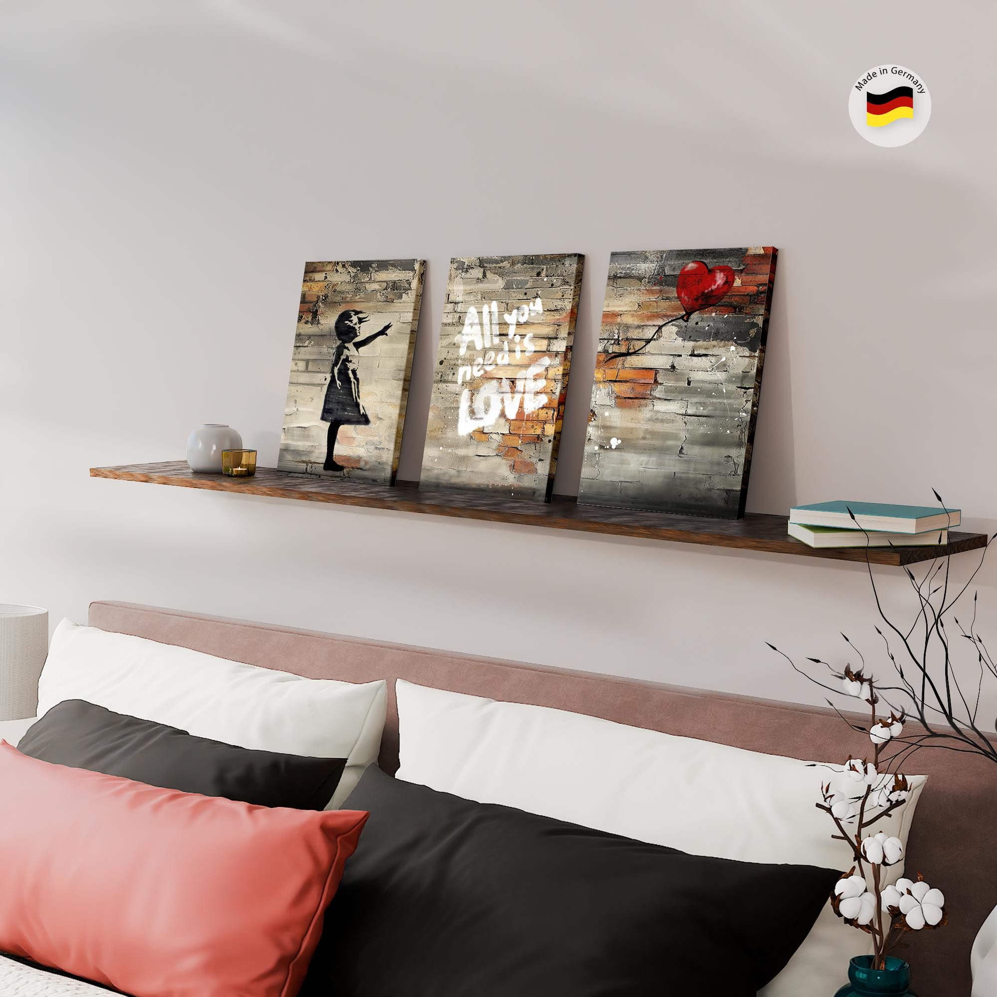 Novart Wandbild Wandbilder Set Banksy Style Collage - 3 Bilder Wohnzimmer Streetart, Balloon Girl