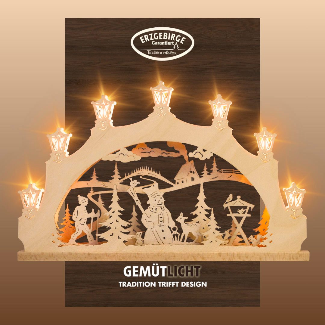 Weigla LED Schwibbogen Schneemann im Wald, Lichterbogen aus Holz, NATUR, Made in Germany (1-tlg), Erzgebirge garantiert, Weihnachtsdeko Innen, Weihnachtsbeleuchtung