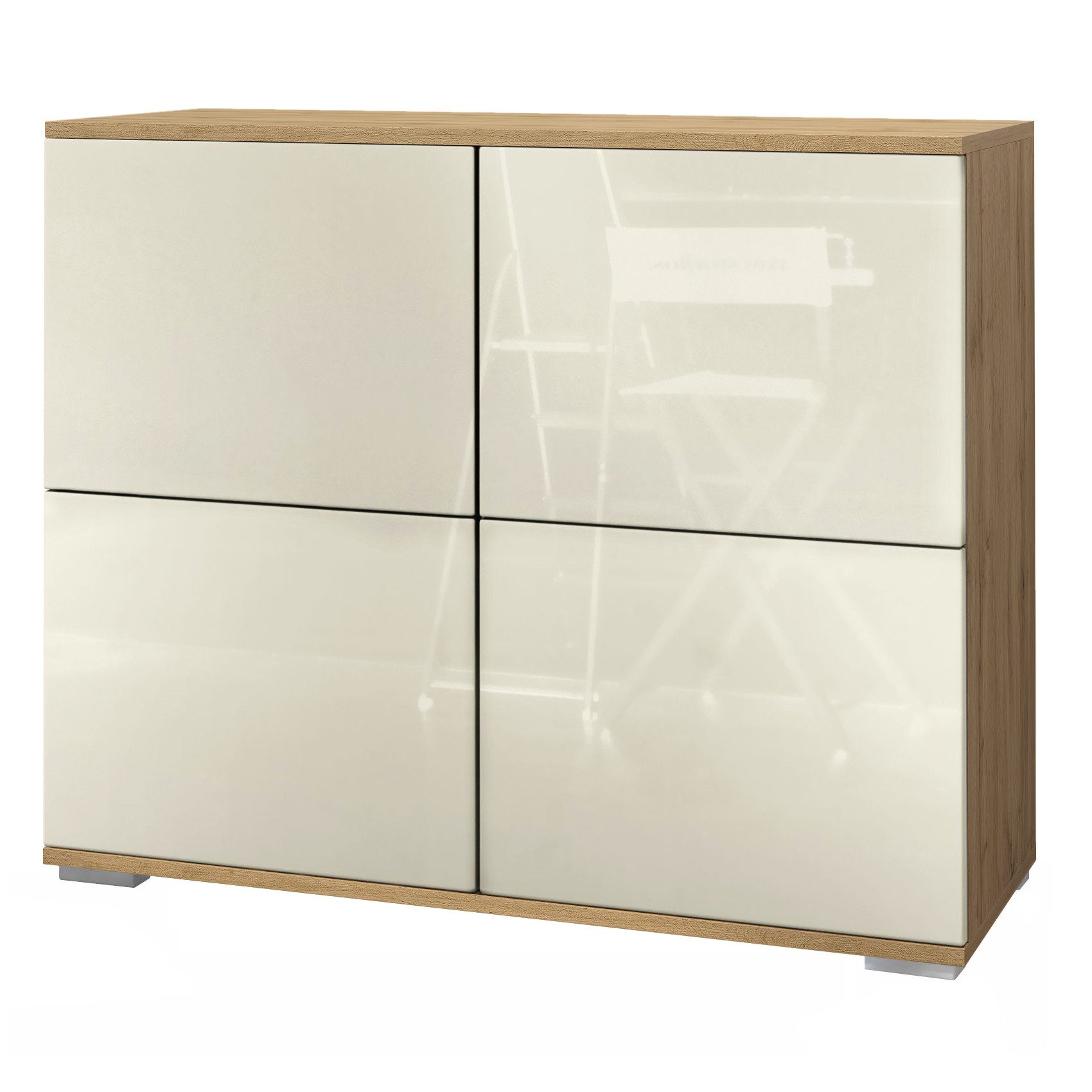 Vladon Kommode Rova V3 (Moderner Küchenschrank, mit 4 Push-to-Open Türen), Eiche Evoke / Creme Hochglanz (92,5 x 75.5 x 35)