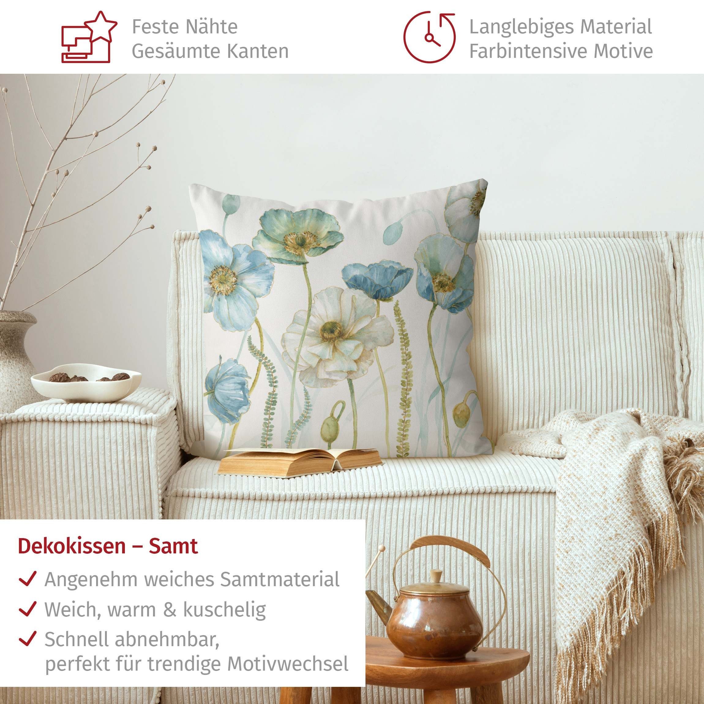 Bilderdepot24 Dekokissen drinnen Kissenhülle/ Sofakissen/ Zierkissen Kissenhülle blau Blumen, Bezug mit / ohne Füllung Zierkissen Outdoor Sofa Bett