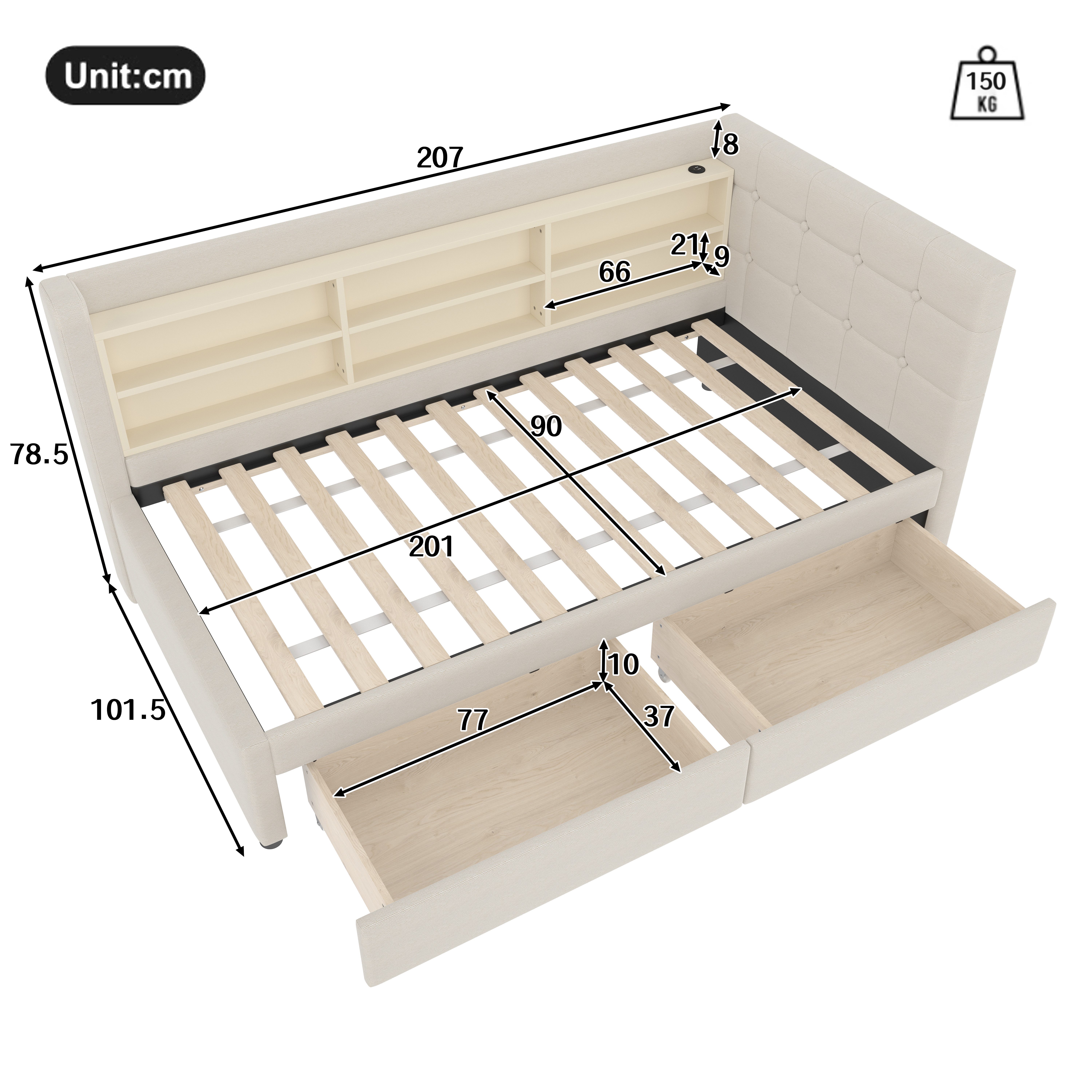 Ulife Daybett Tagesbett, Schlafsofa, Kinderbett mit 2 Schubladen, USB + Typ günstig online kaufen