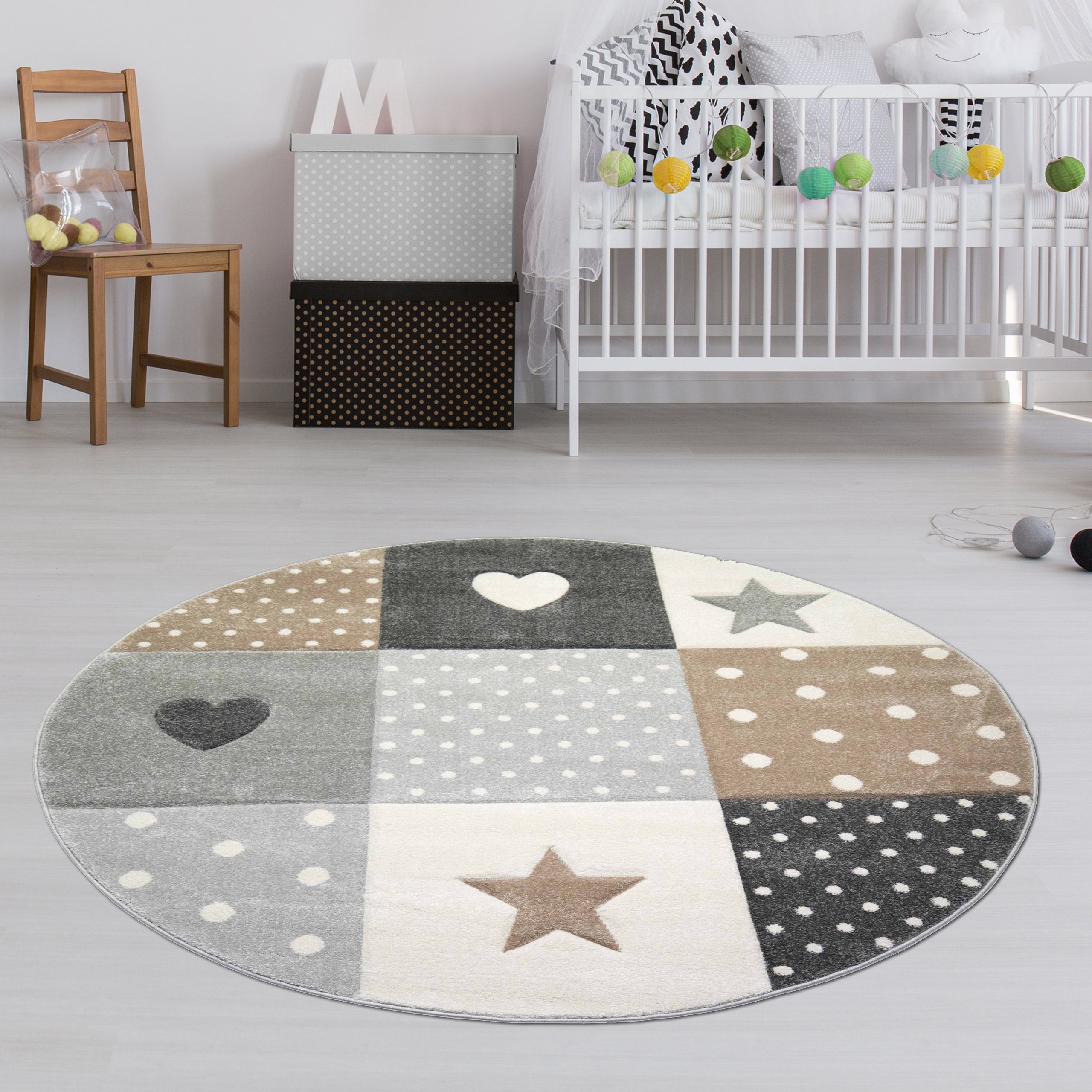 TeppichHome24 Kinderteppich Kinderzimmer Teppich Herz Stern braun beige grau, Rund, Höhe: 13 mm