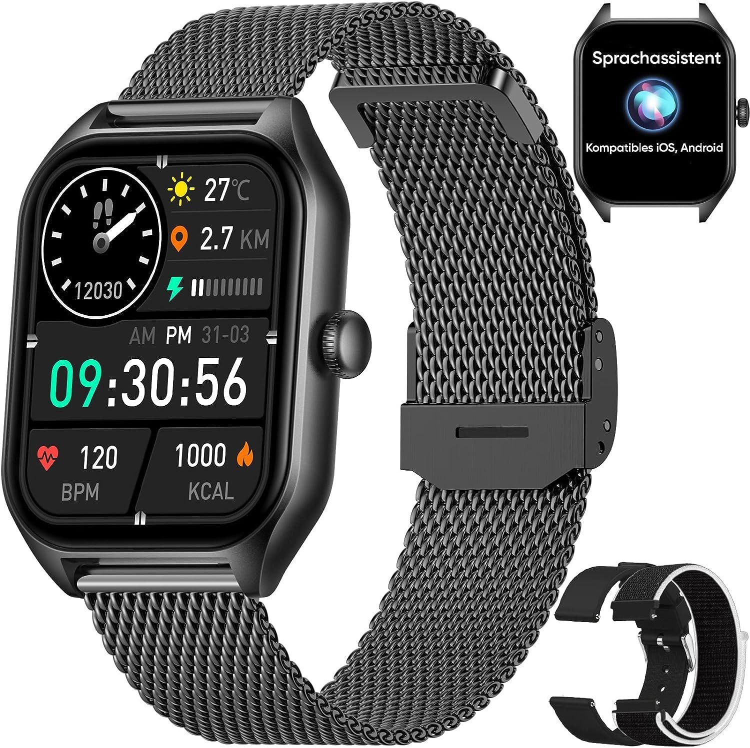 Dachma Smartwatch (1,85 Zoll, Android iOS), Damen Telefon Whatsapp Funktion  280mAH 3 Armbänder Android iOS Uhr