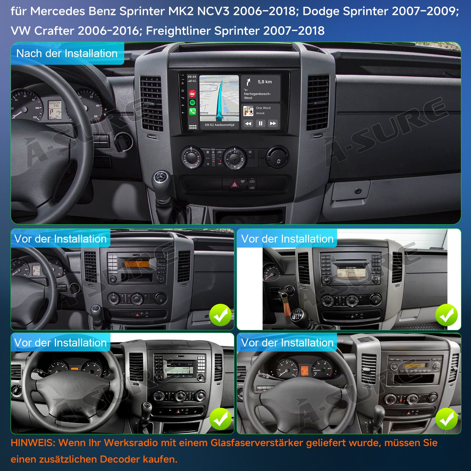 A-Sure 4/8 Core Android 15 Carplay Für Mercedes Benz Sprinter B906 2006-2016 Autoradio (DSP, RDS, Digitalradio (DAB), FM, AM) – Bild 4 von 5