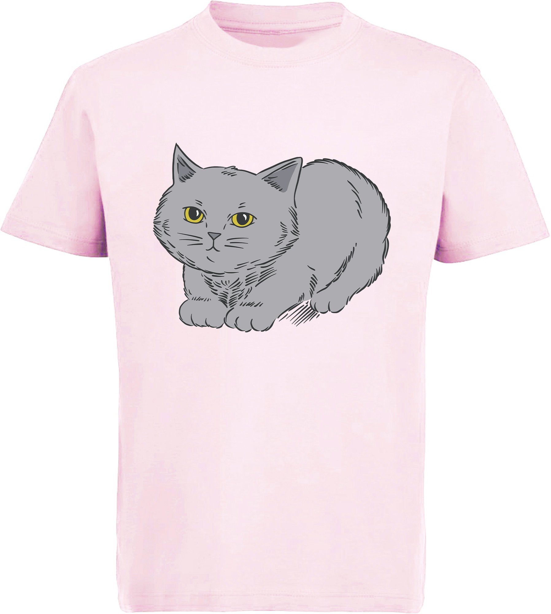 MyDesign24 Print-Shirt bedrucktes Mädchen T-Shirt mit niedlicher grauen Katze Baumwollshirt mit Katze, weiß, schwarz, rot, rosa, i107