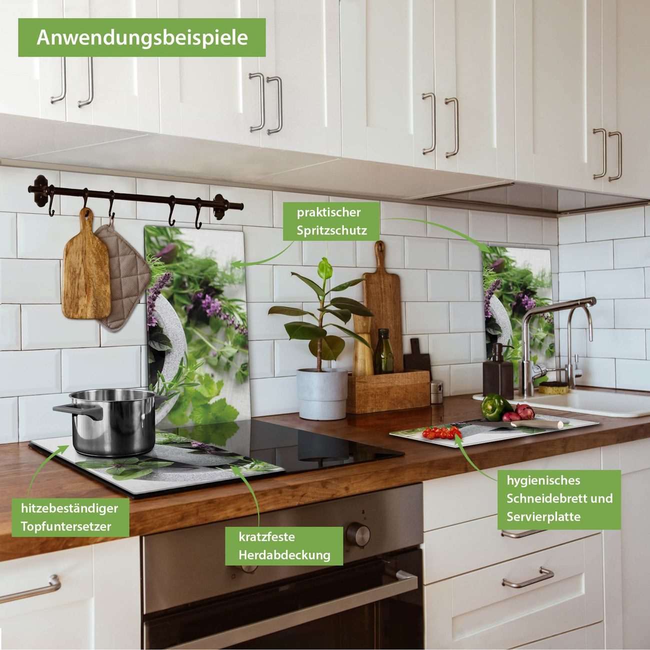 banjado Herd-Abdeckplatte zweiteilig aus Glas mit Motiv Kräuter, (gehärtet, 2 tlg., inkl. selbstklebende Gummifüßchen)