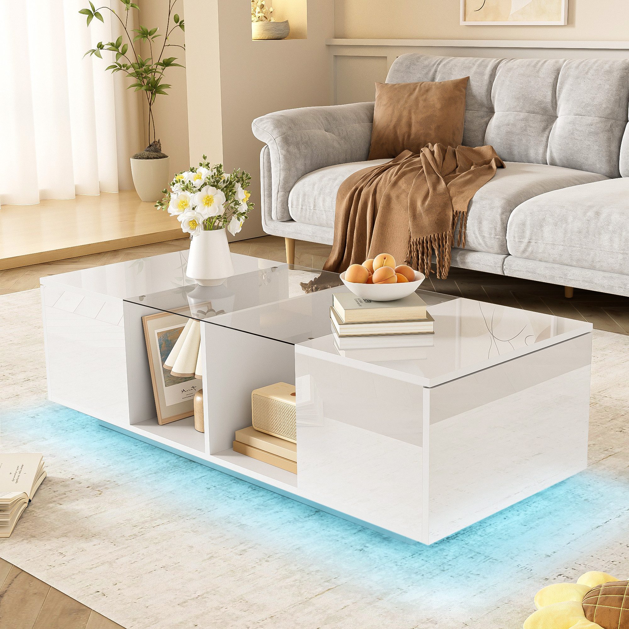 Furnishings Home Couchtisch Wohnzimmertisch Ablagetisch LED Beistelltisch (Hochglänzender quadratischer, mit LED Beleuchtung & Fernsteuerung), Mit Glasplatte und 16-farbigen variablen LED-Leuchten