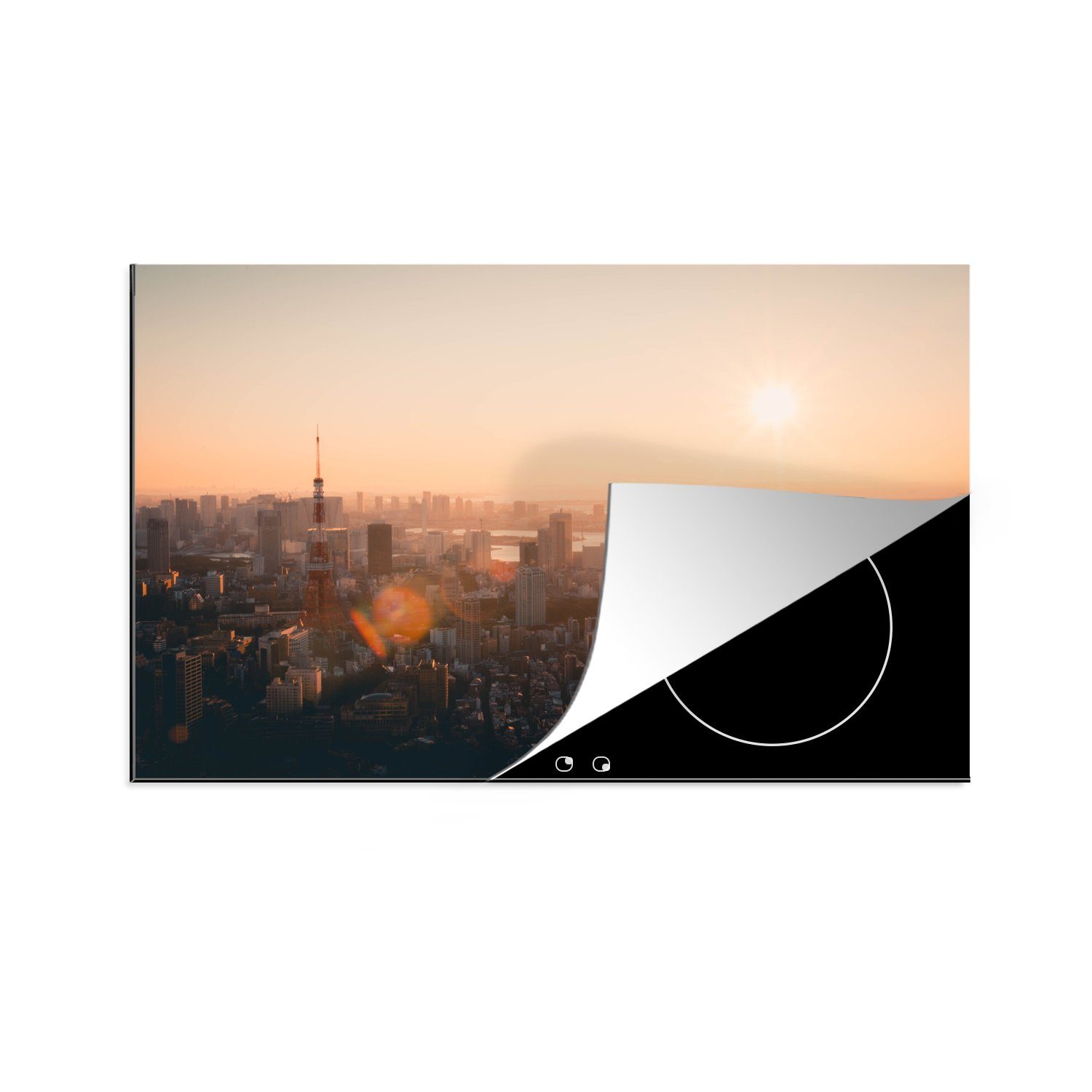 MuchoWow Herdblende-/Abdeckplatte Tokio bei Sonnenaufgang, Vinyl, (1 tlg), 81x52 cm, Induktionskochfeld Schutz für die küche, Ceranfeldabdeckung