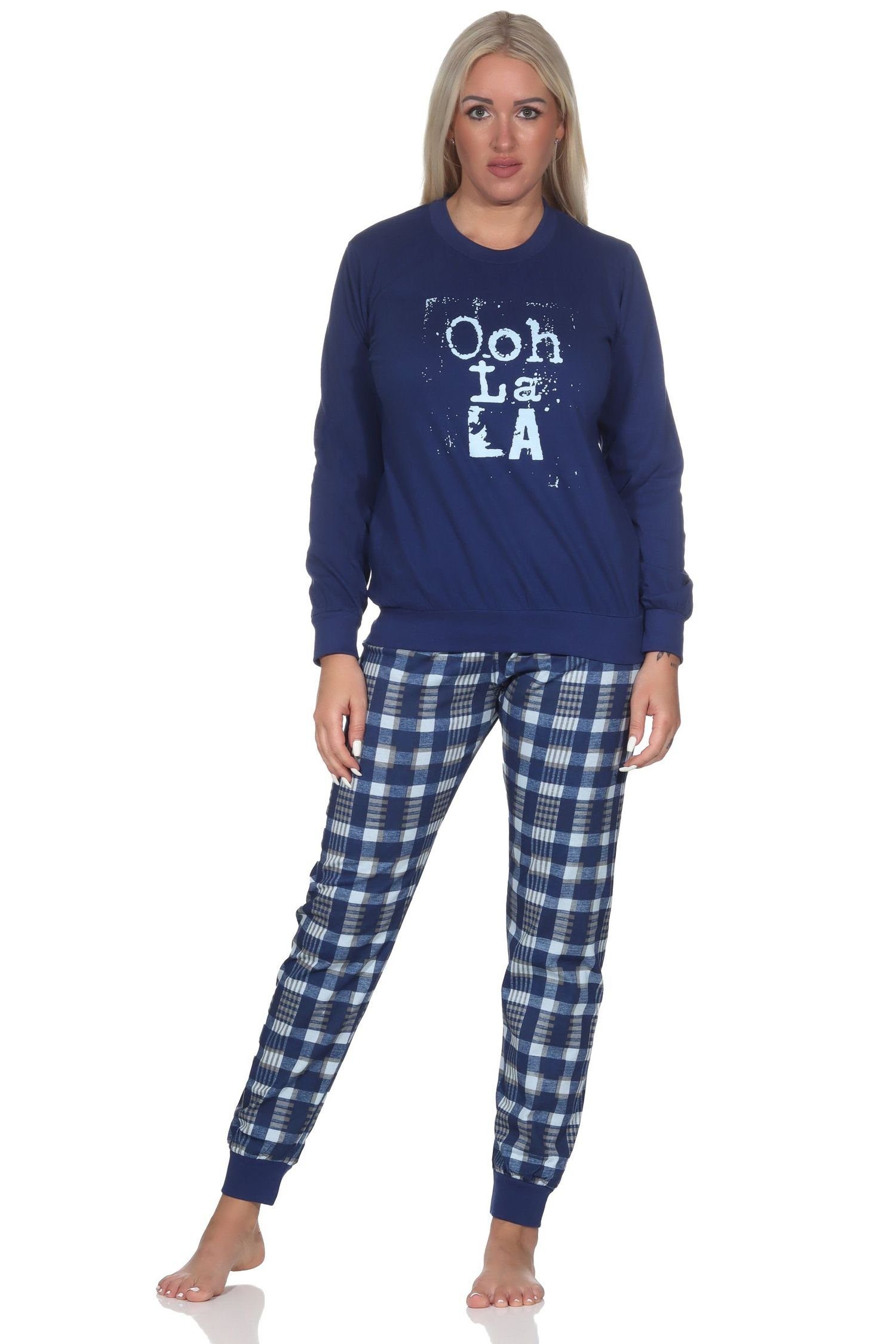 Normann Pyjama Normann Damen Schlafanzug mit Bündchen mit karierter Jersey Hose navy