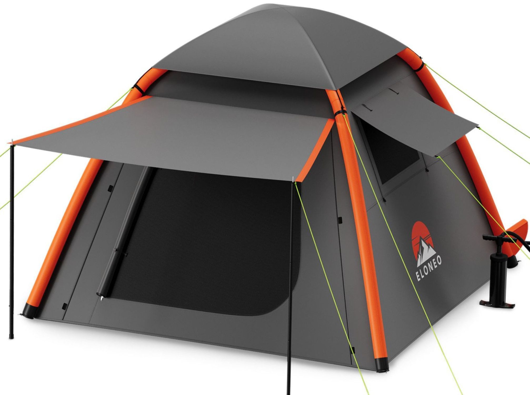 ELONEO aufblasbares Zelt mit Vordach & Luftpumpe, 1-4 Personen, Camping Zelt, Luftzelt, Personen: 4, Familienzelt, wasserdicht, ultraleicht, mit Outdoor Licht/LED Lampe