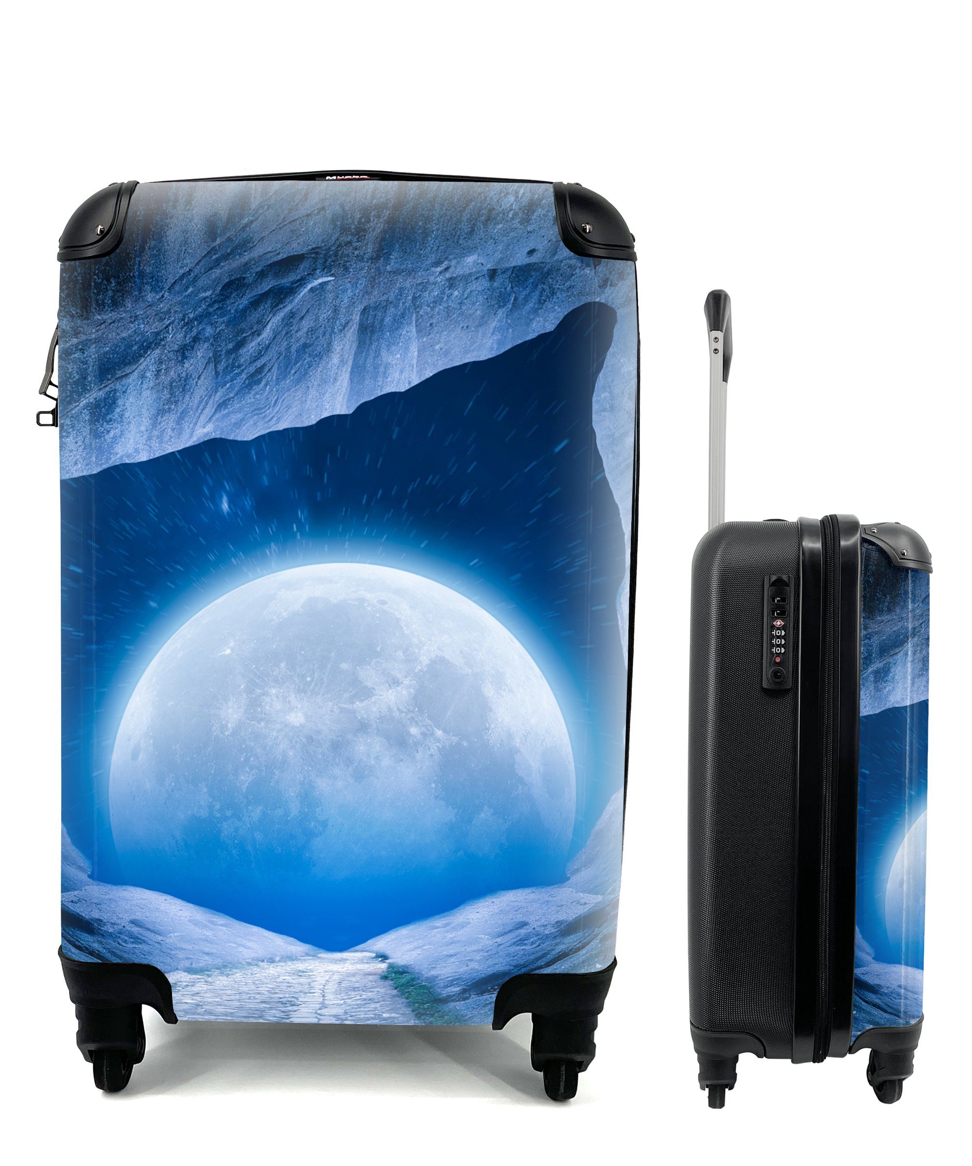 MuchoWow Handgepäckkoffer Höhle - Mond - Weltraum - Universum - Blau, 4 Rollen, Reisetasche mit rollen, Handgepäck für Ferien, Trolley, Reisekoffer