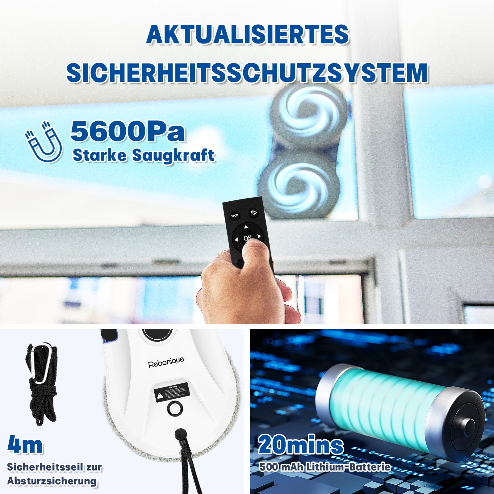 Rebonique Fensterputzroboter Elektrischer Fensterputzer 5600Pa Intelligenter Kanten-Erkennung, 3-Modi Automatische Wasserstrahl Fensterreiniger Roboter