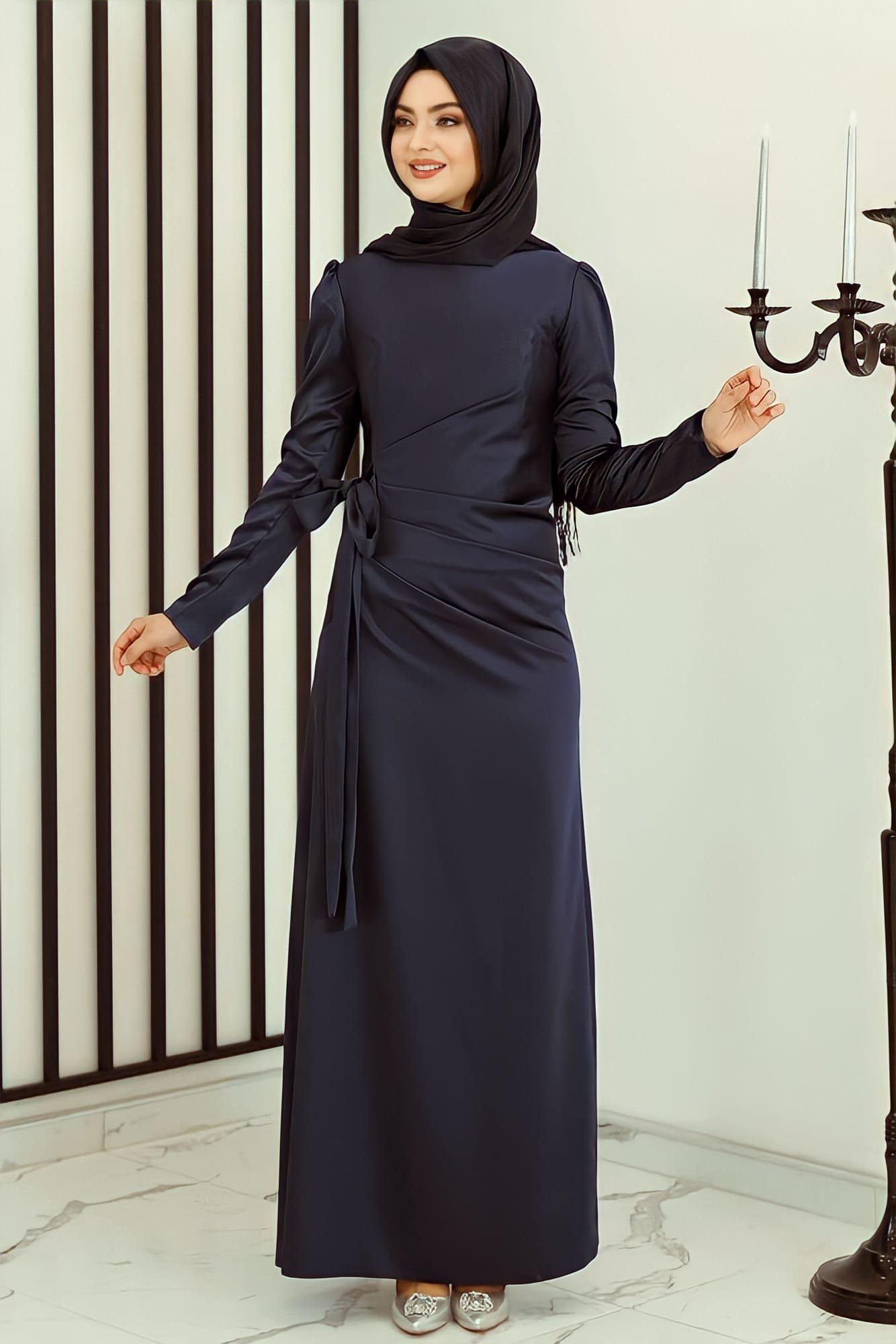 Modavitrini Abaya Damen Hijab Maxikleid Abiye Schleife langärmliges Schwarz Satinkleid Abendkleid mit