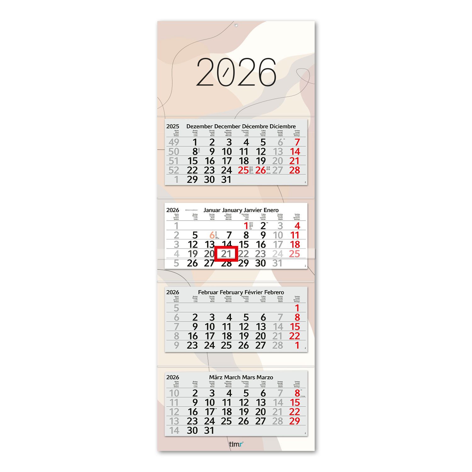Timr Monatskalender 4-Monatskalender mit Schieber D /GB /F /I /E /NL