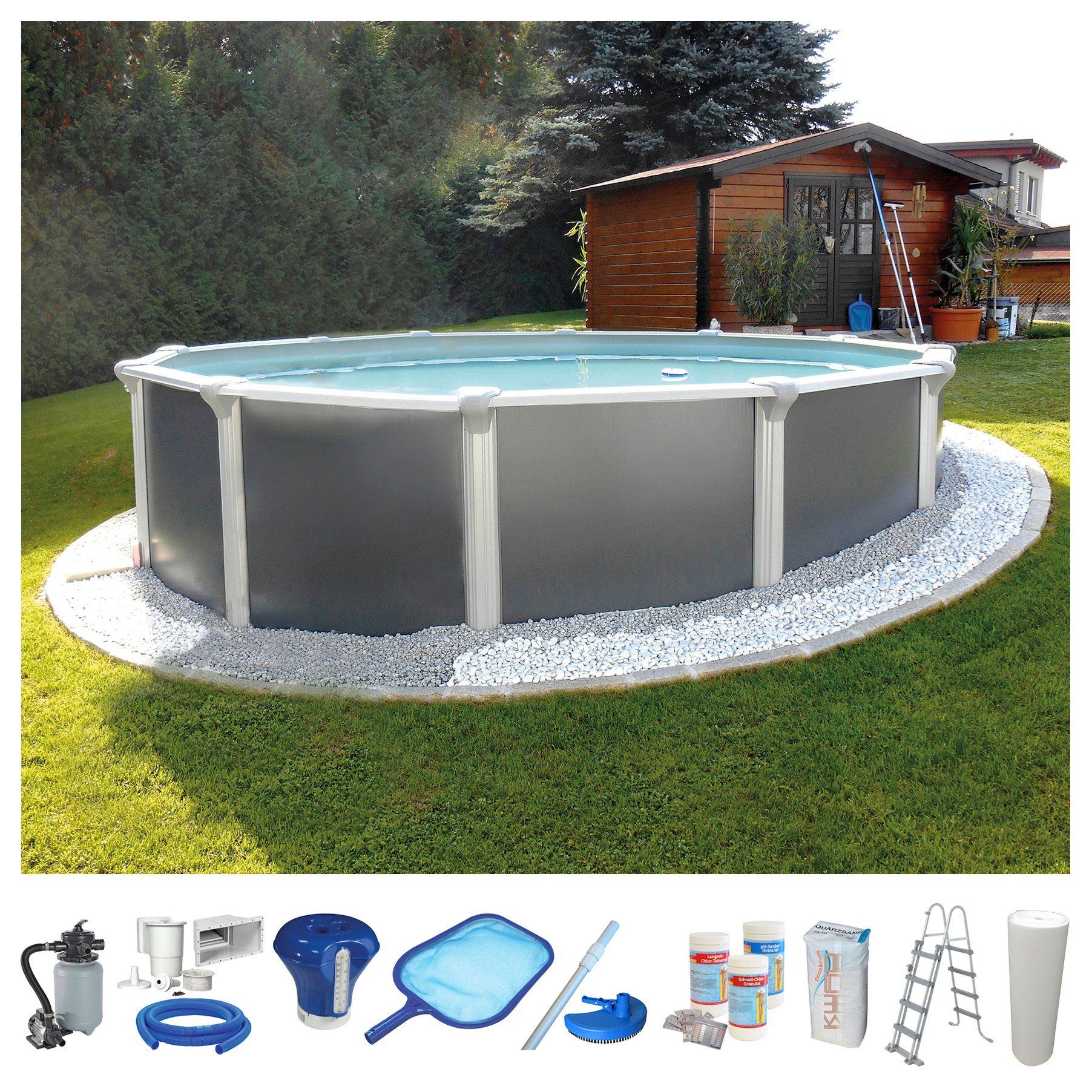 KWAD Rundpool Steely Supreme Design inkl. Sicherheitsleiter und Zubehör (Set, 10-tlg), 10-tlg., Höhe: 132 cm, inkl. Wasserpflegeset, graue Innenfolie