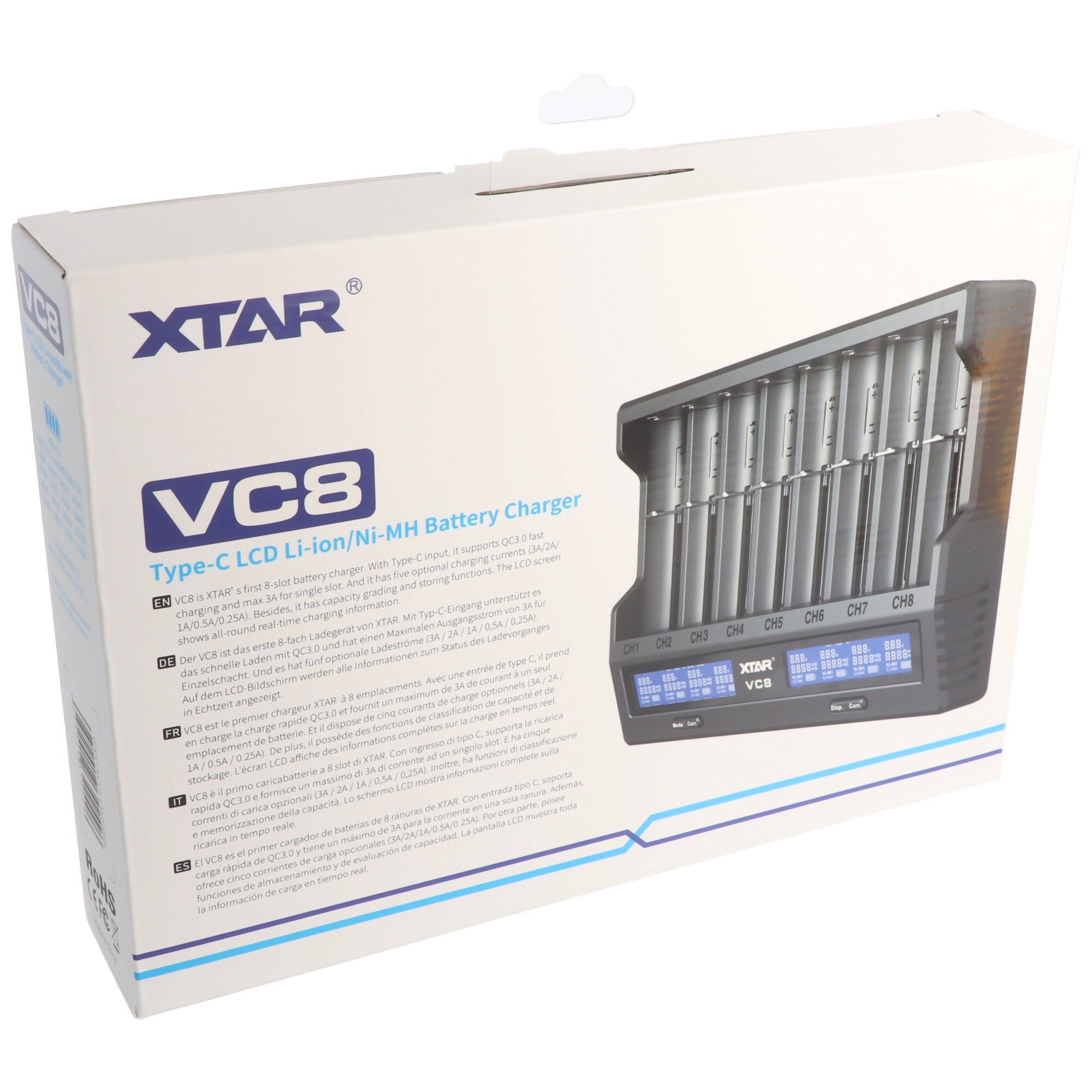 XTAR 8fach Schnell-Ladegerät für 1-8 Li-Ion 3,6 und 3,7V Akku, Ladestrom m Rundzellen-Lader