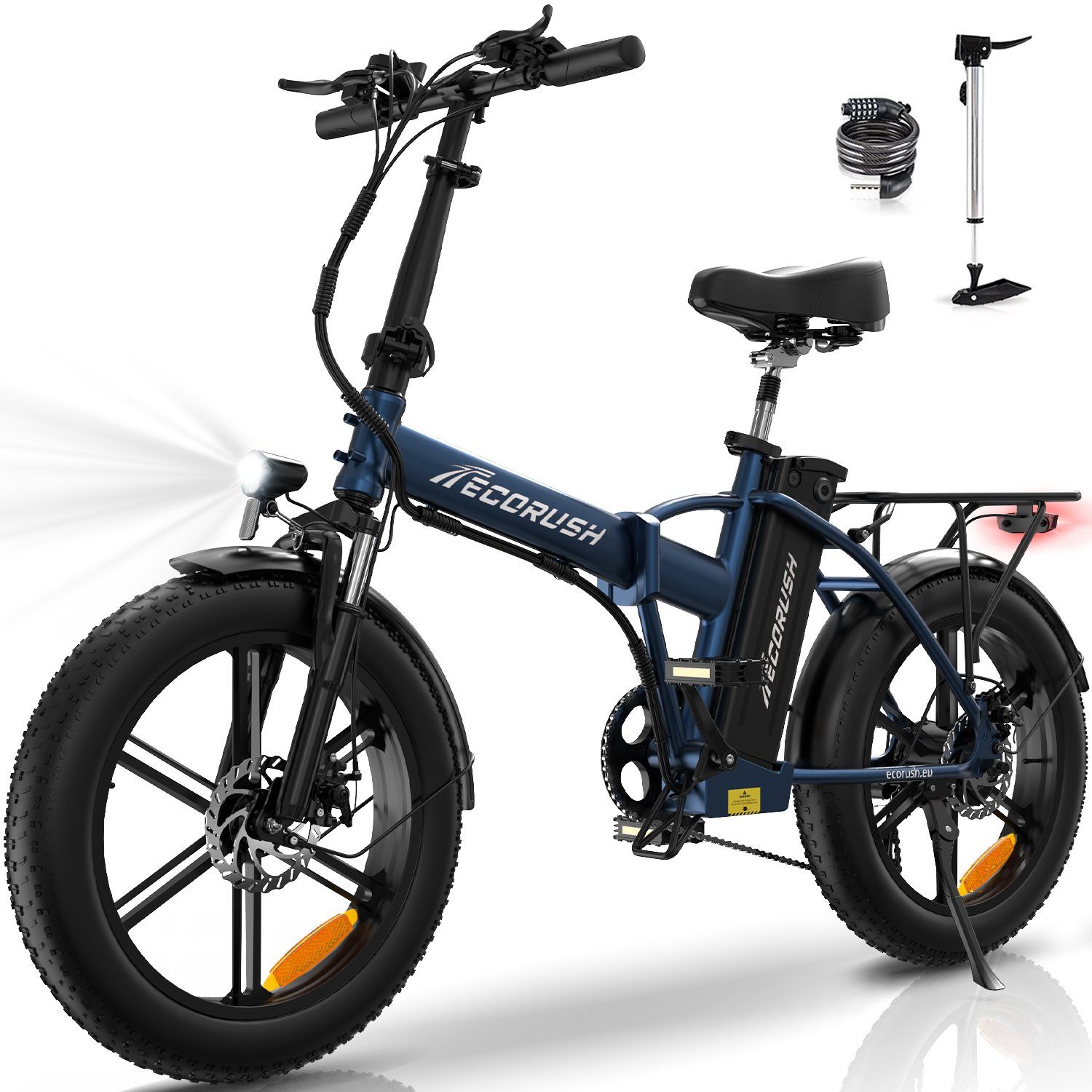 ECORUSH E-Bike 20*4,0" Elektrofahrrad Snowbike für Erwachsene mit 48V15AH Akku, 7 Gang shimano, 250W Motor Blau