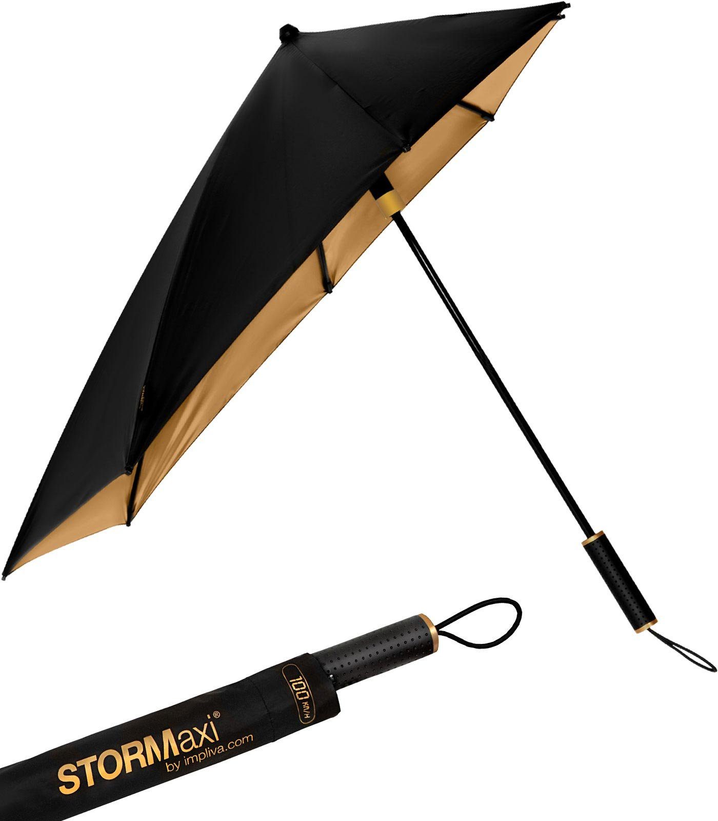 Stockregenschirm hält aus Wind, Metallic, den Sturmschirm zu km/h durch 80 Form sich aerodynamischer schwarz-gold in dreht Schirm besondere seine der Impliva STORMaxi bis
