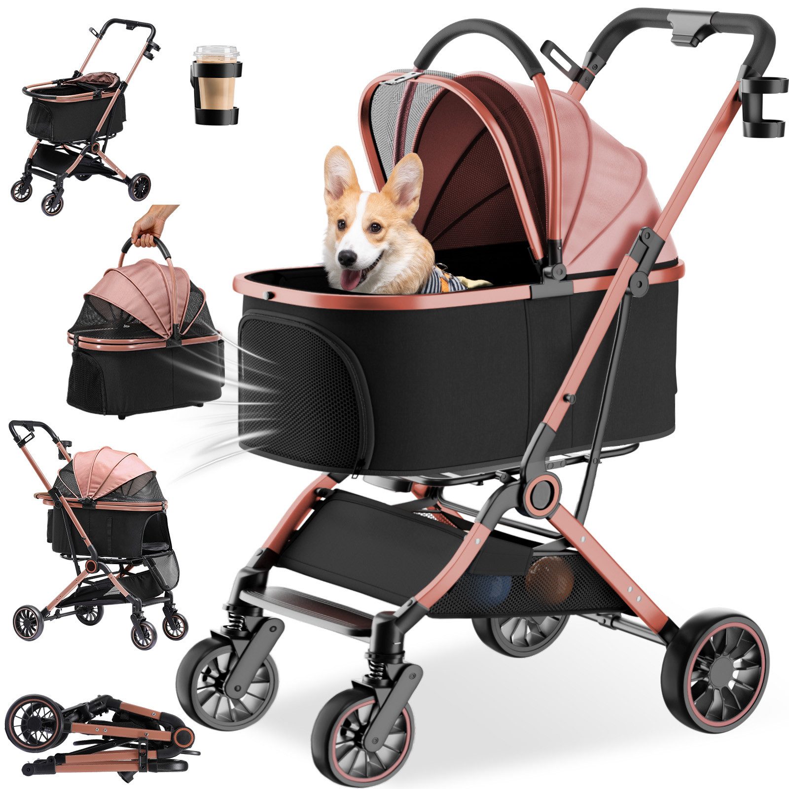 COMHOMA Hundebuggy Hundewagen klappbar bis 25KG, 4-in-1 Faltbar Katzenwagen, 180° verstellbaren Markise und Getränkehaltern