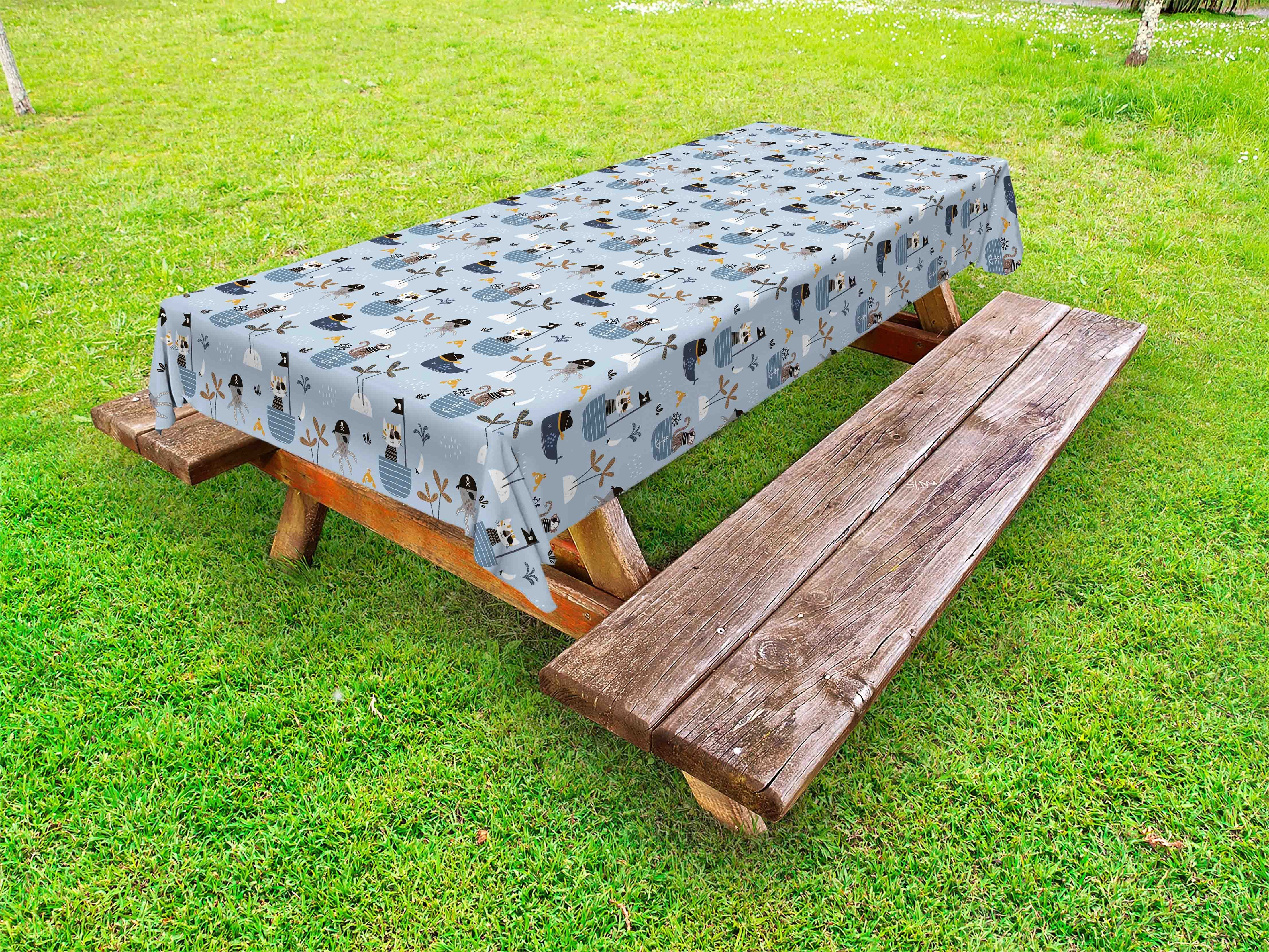 Abakuhaus Tischdecke dekorative waschbare Picknick-Tischdecke, Süße Katze Meerestiere auf Schiff