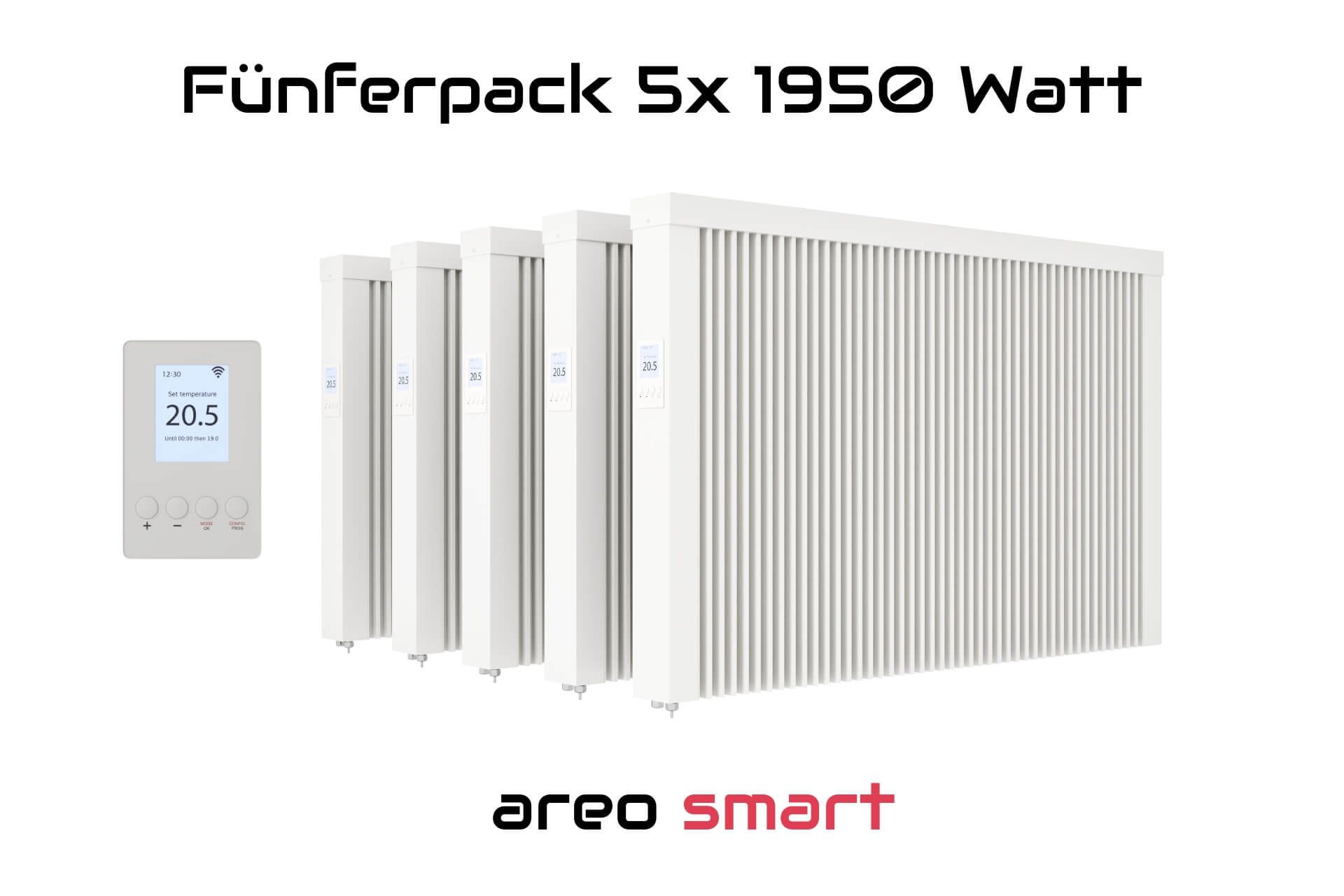 eVARMO Elektro-Heizkörper Paketset Flächenspeicherheizung areo smart 1950, Digitales Thermostat mit LCD-Display und 4 Knöpfen