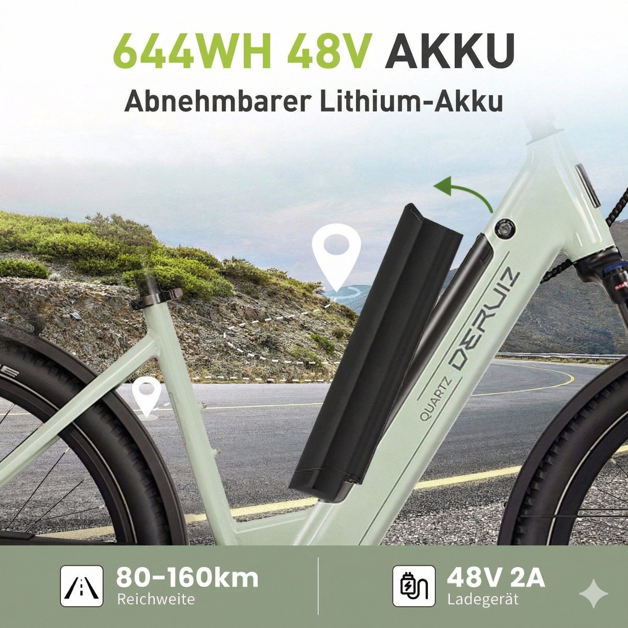 DERUIZ E-Bike Trekkingrad 28 Zoll, Quartz M/2.0/SUV, 120-160km, Drehmomentsensor, Bluetooth+APP, 8 Gang SHIMANO Acera RD-M360 SGS Schaltwerk, Kettenschaltung, Hinterradmotor, 644 Wh, SUV, Tiefeinsteiger, RH: 46cm, Elektrofahrrad für Damen und Herren