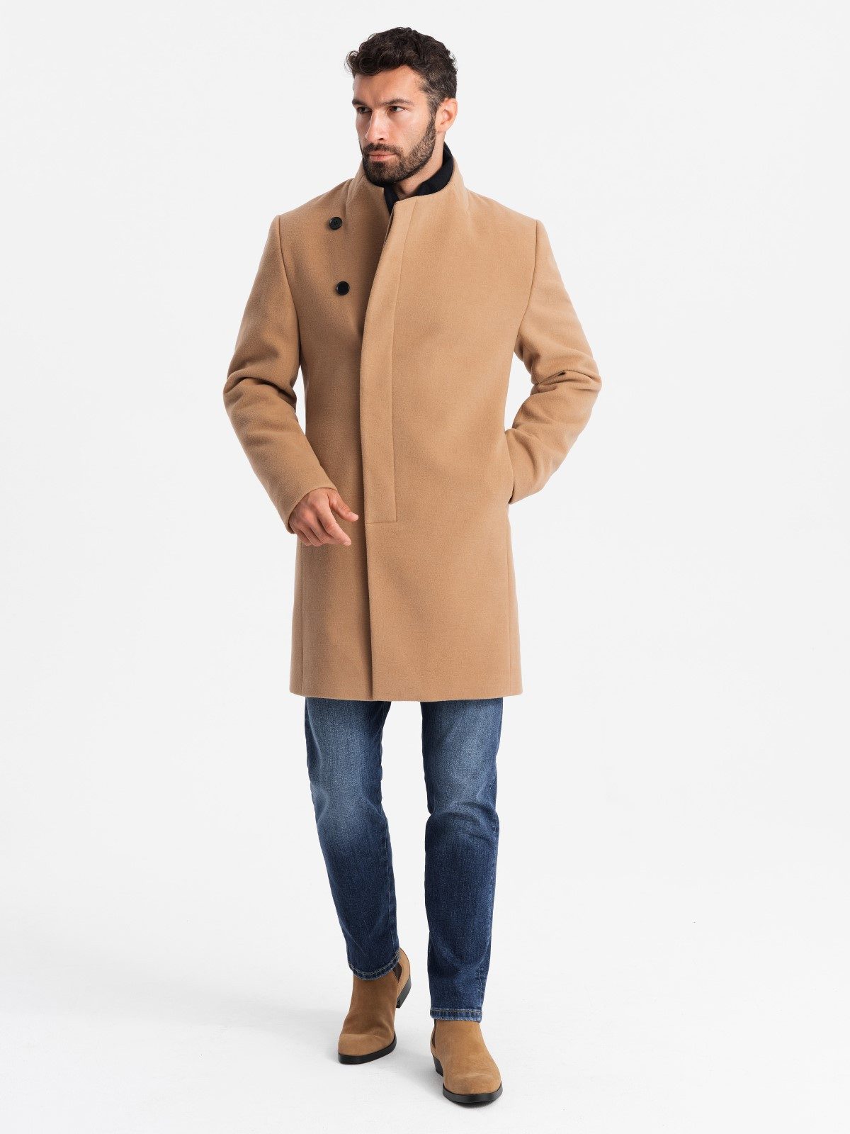 OMBRE Wintermantel Herrenmantel mit asymmetrischem Verschluss und hohem Kragen