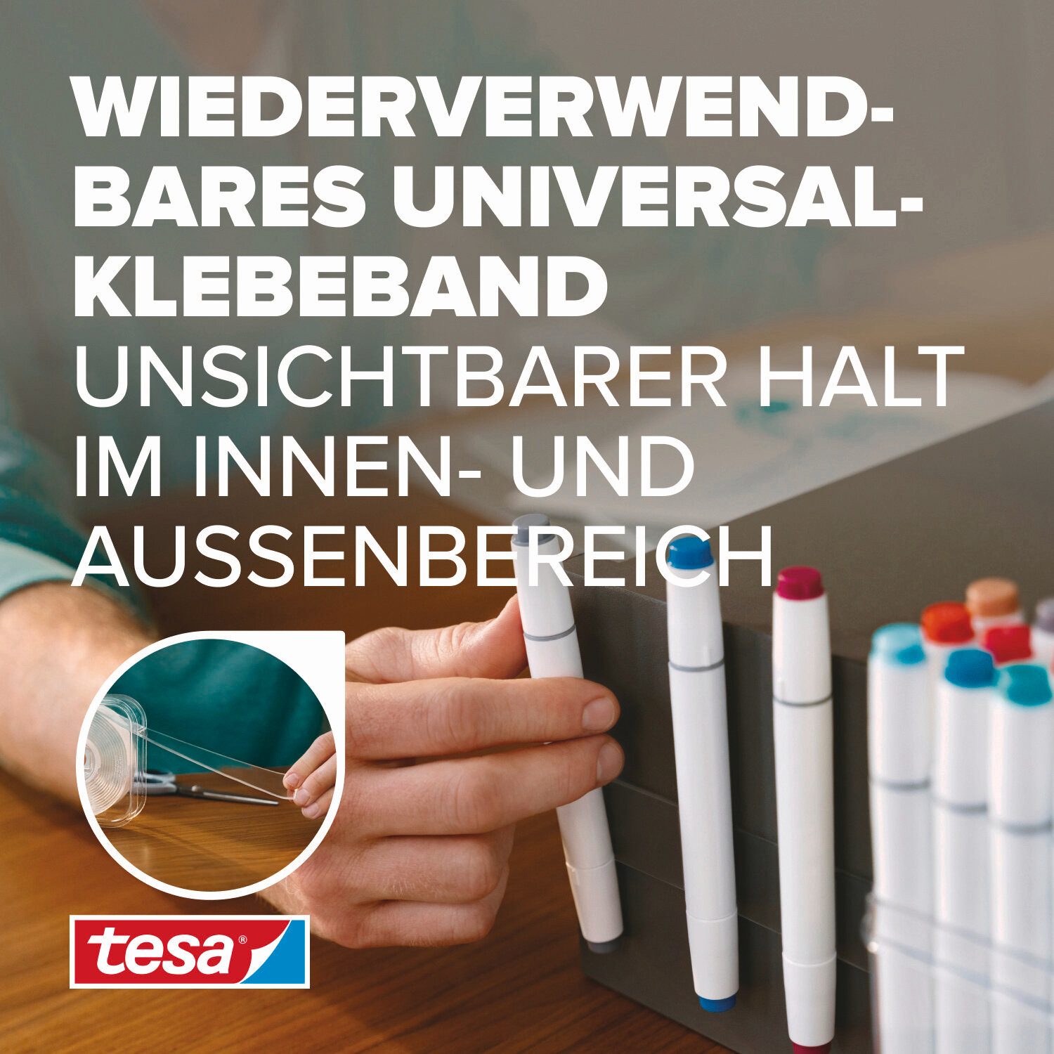 tesa Doppelklebeband Universal Tape mit Nano Power, doppelseitig transparent, extra stark (Packung, 1-St., wiederverwendbares, leicht ablösbares Montageband für innen und außen) Nanotape zum Befestigen, Dekorieren, Organisieren, Kleben ohne Nägel