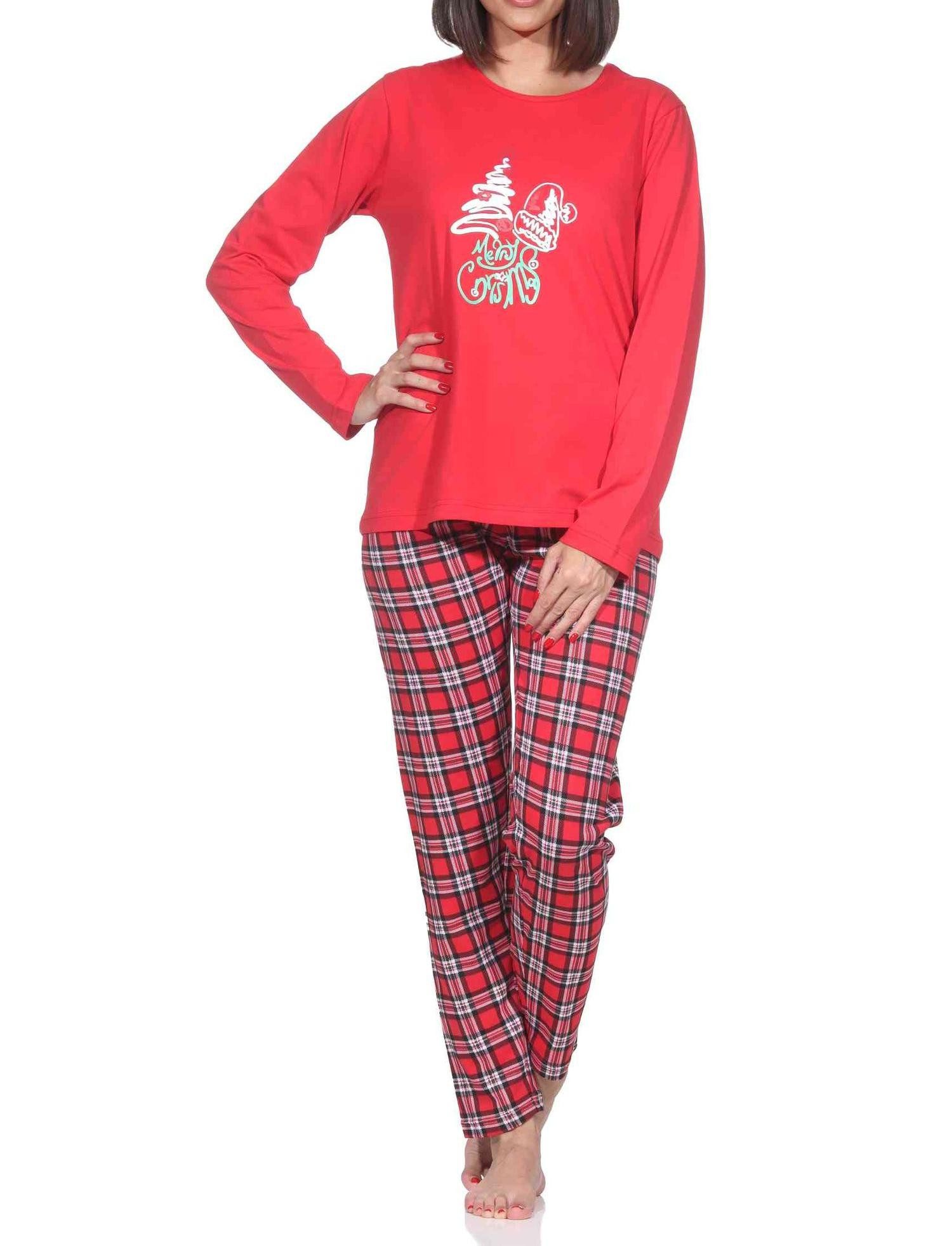 Normann Pyjama Damen Weihnachts Schlafanzug mit lustigen weihnachtlichen Motiv