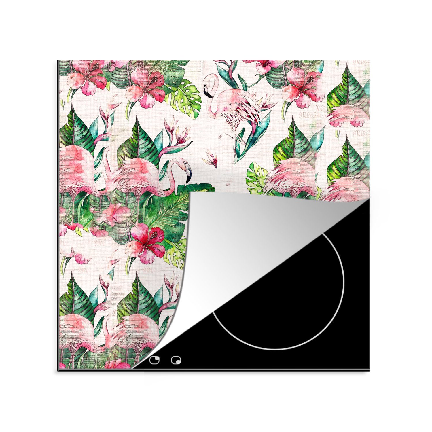tlg), Ceranfeldabdeckung, Vinyl, Blätter - Blumen Zeitungspapier, - 78x78 küche MuchoWow für Flamingo Arbeitsplatte Herdblende-/Abdeckplatte (1 - cm,