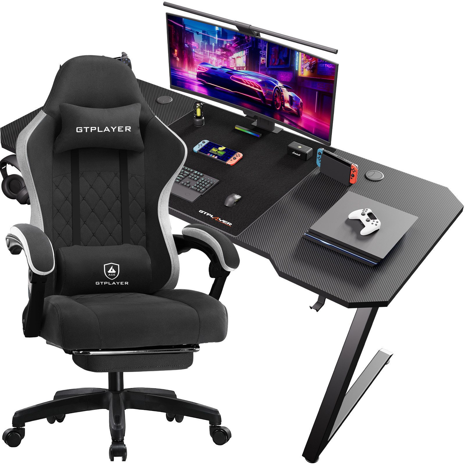 GTPLAYER Gaming-Stuhl Ergonomischer Gaming Sessel Schreibtischstuhl aus Stoff/Kunstleder (Pacekung), Federsitzkissen mit Fußstütze