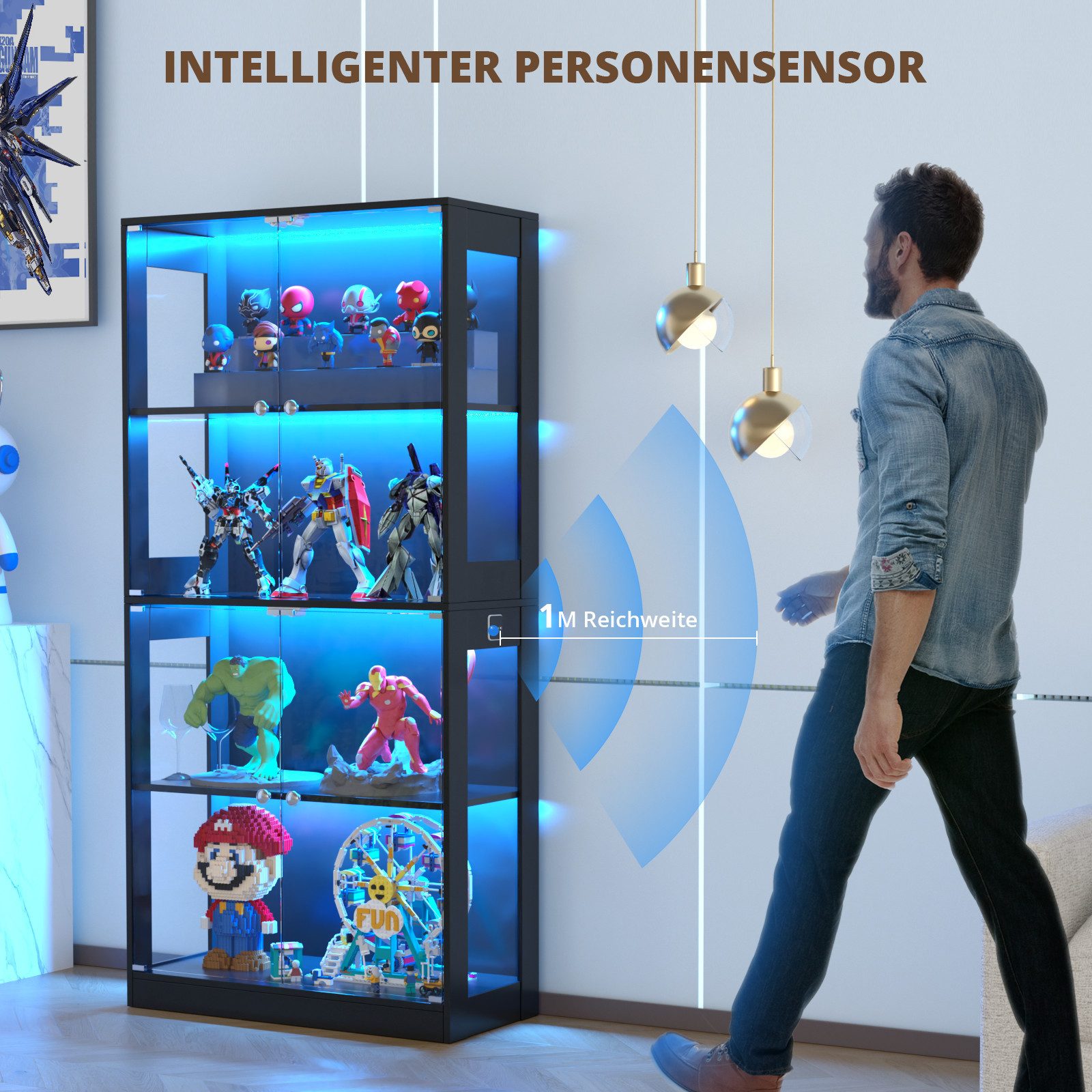 VOWNER Glasvitrine mit 3-Farben-LED-Beleuchtung, Vitrine für Spielzeug/Bücher/Deko (1-St) 360°-Sicht, Explosionssichere Tür, 4 Regale, 80x165x35 cm – Bild 5 von 5