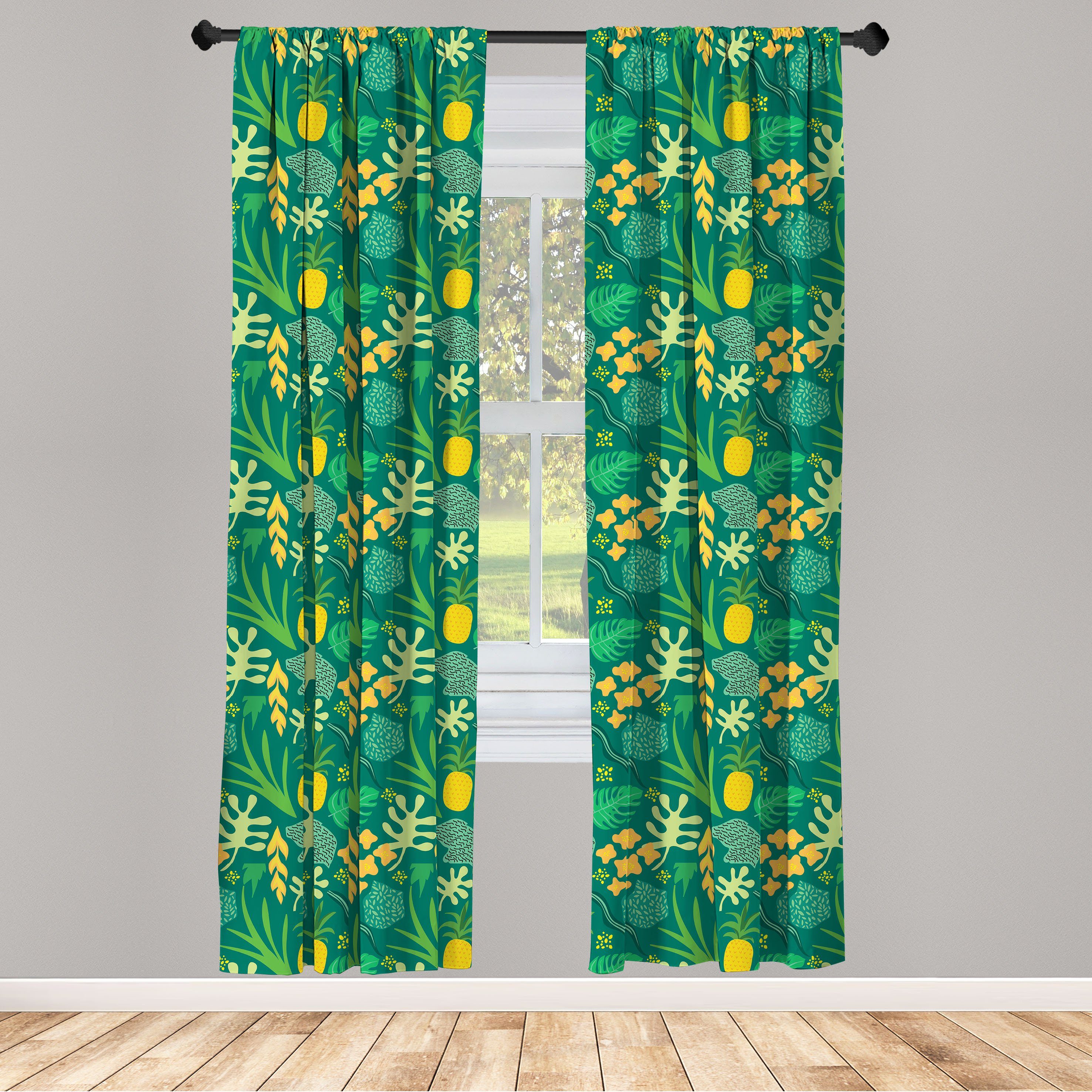 Gardine Vorhang für Wohnzimmer Schlafzimmer Dekor, Abakuhaus, Microfaser, Exotisch Doodle Ananas und Blätter | Fertiggardinen