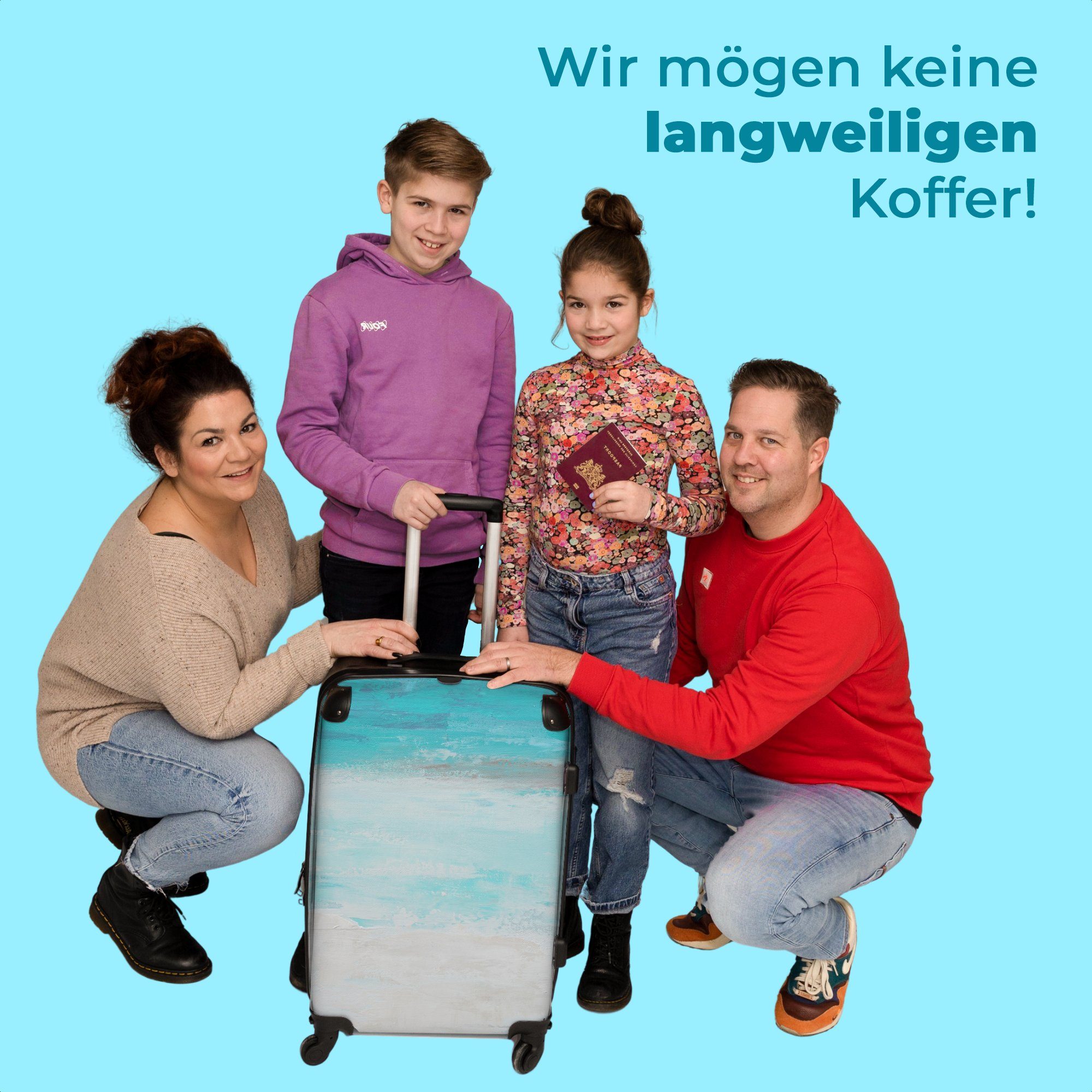 NoBoringSuitcases.com© Koffer 4 Rollen - Blau Trolley Weiß 4 Rollkoffer 67x43x25cm Rollen, - Aufgabegepäck Große Farbe mit - Kunst, - Reisekoffer