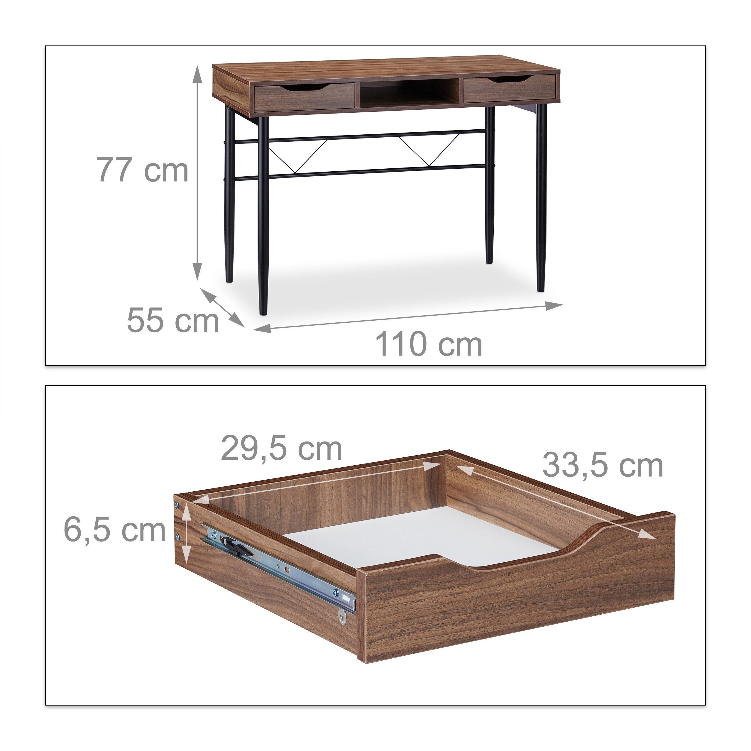 Schwarz Schreibtisch mit / relaxdays Holz Schubladen, Braun Schwarz Schreibtisch