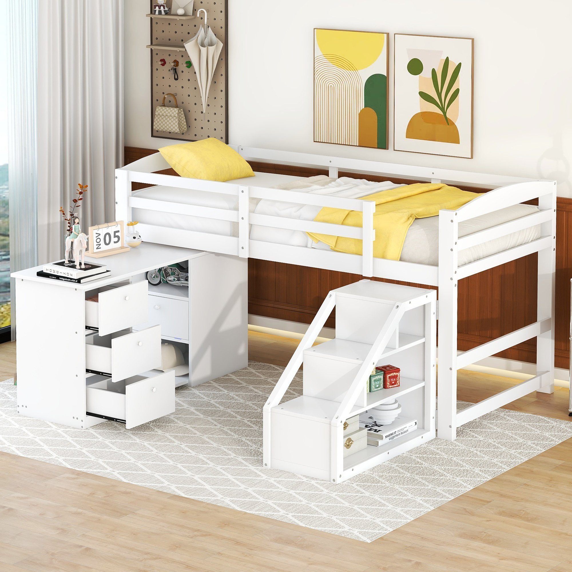 Ulife Hochbett weiß Kinderbett mit Schreibtisch,Schrank,Treppe aus Kiefer
