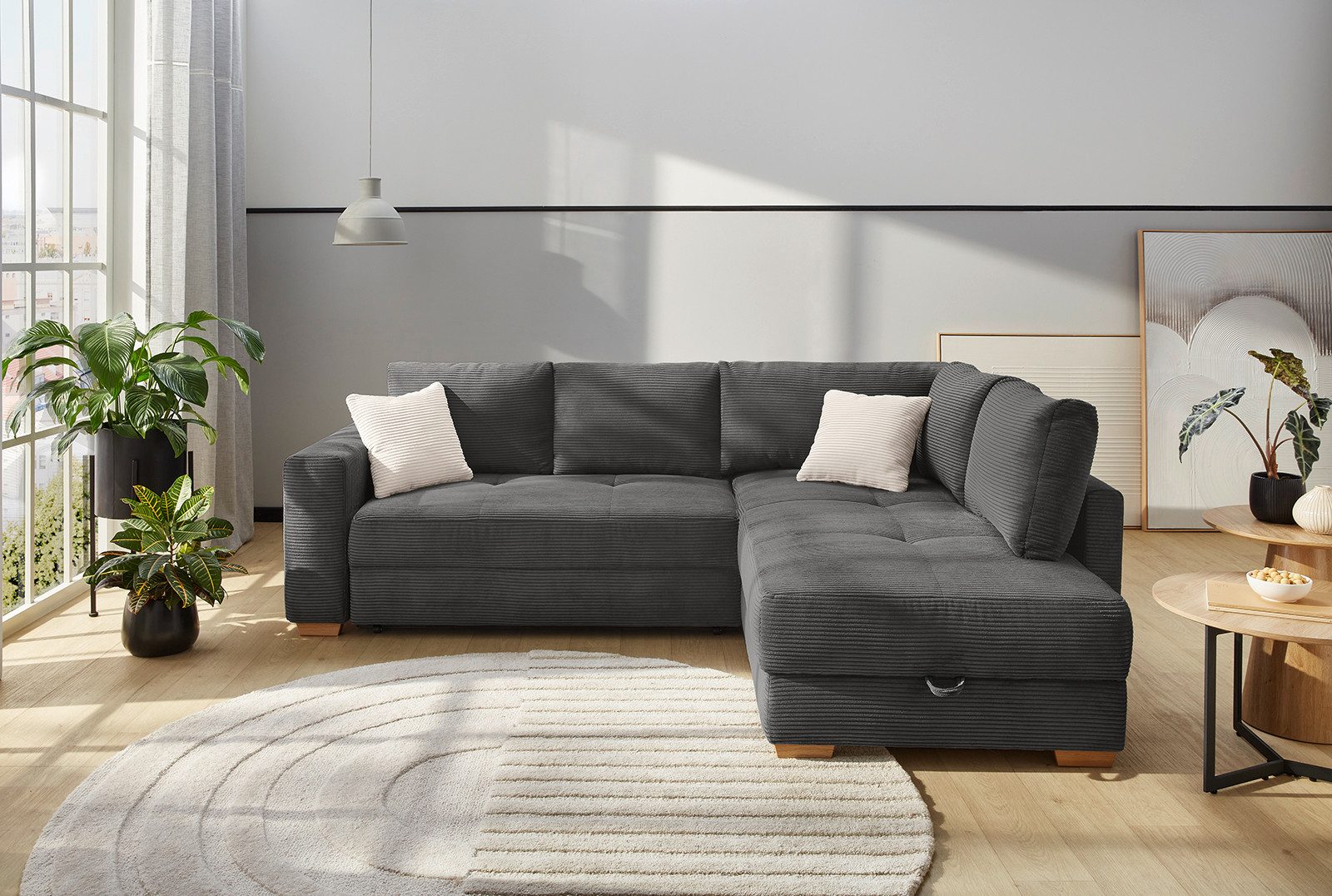 luma-home Ecksofa 15211, Dauerschläfer B257/T206/H85 cm mit Bettkasten und separatem Topper, Boxspringpolsterung, Ottomane links oder rechts, Cord Dunkelgrau